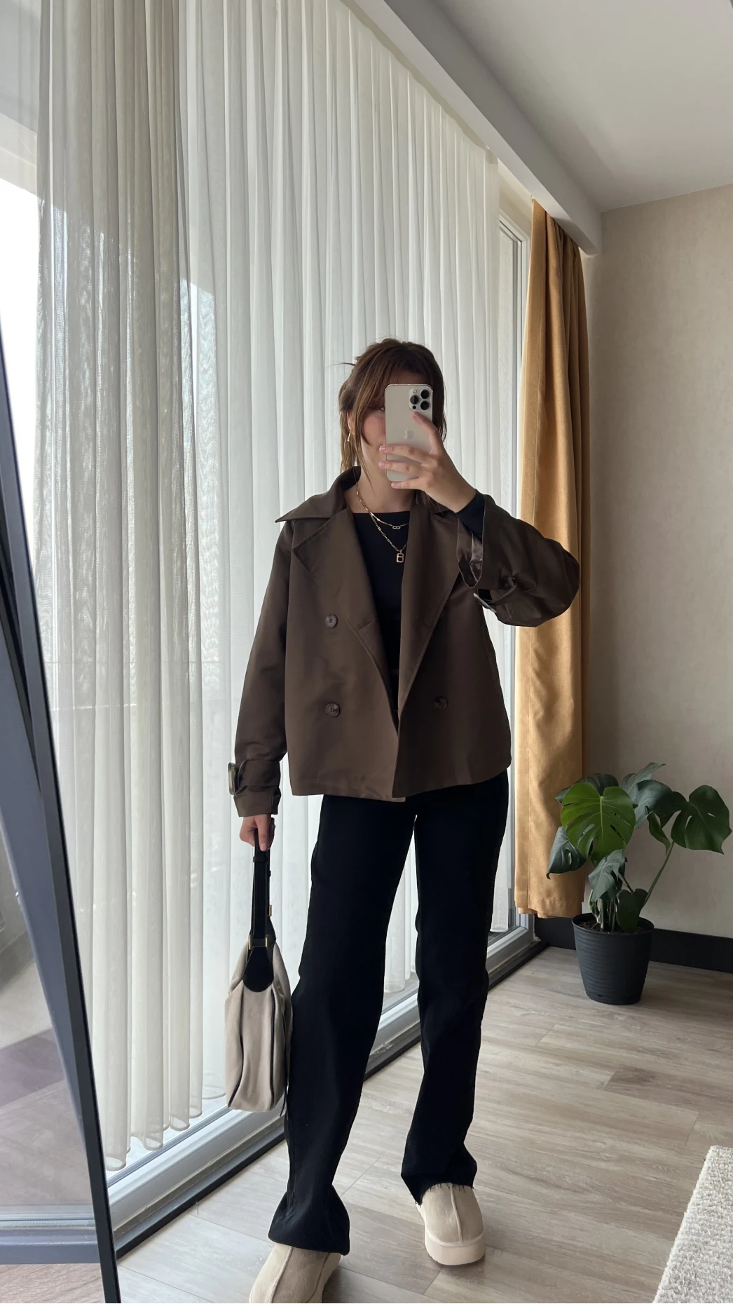 Premium Lin Acı Kahve Kısa Trençkot