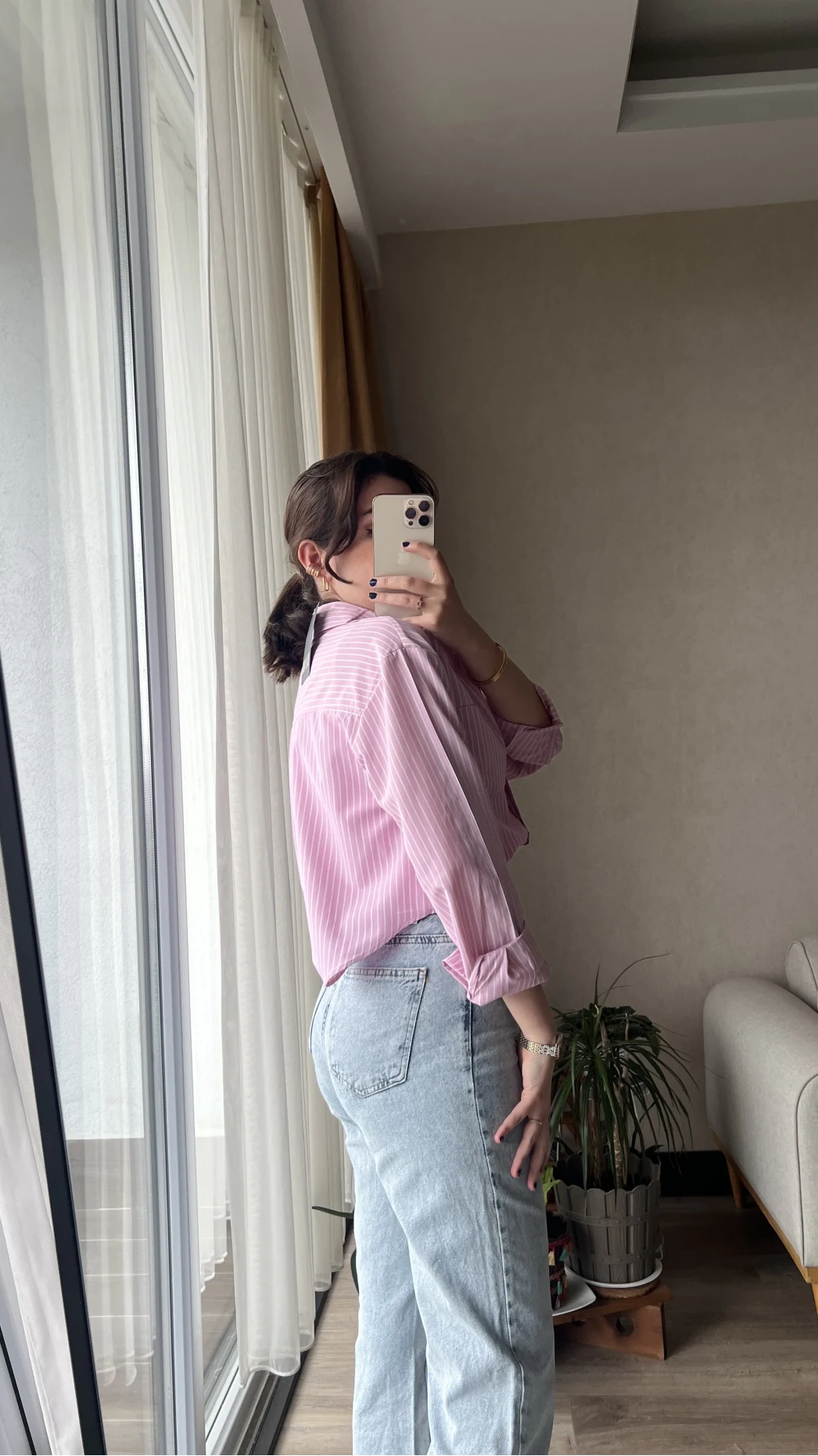 Premium Pembe Çizgili Gömlek&Crop