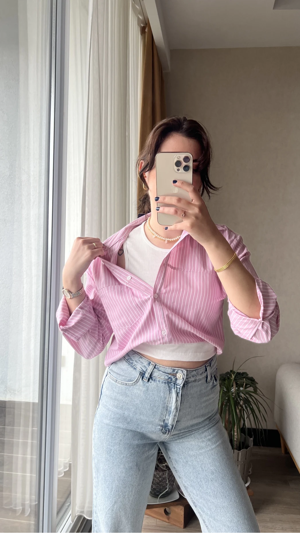 Premium Pembe Çizgili Gömlek&Crop
