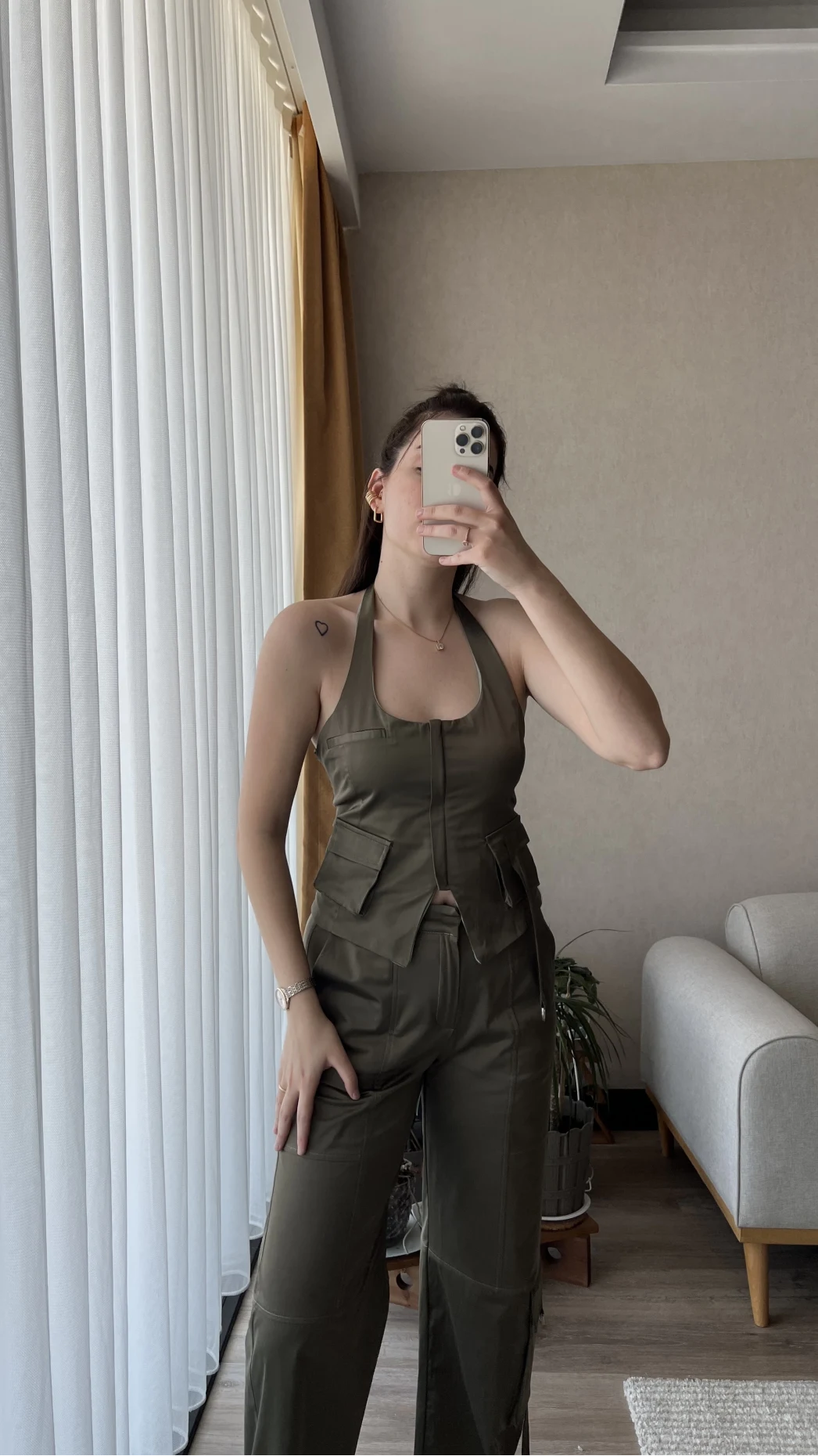 Premium Saten Yelekli Takım Haki Rengi