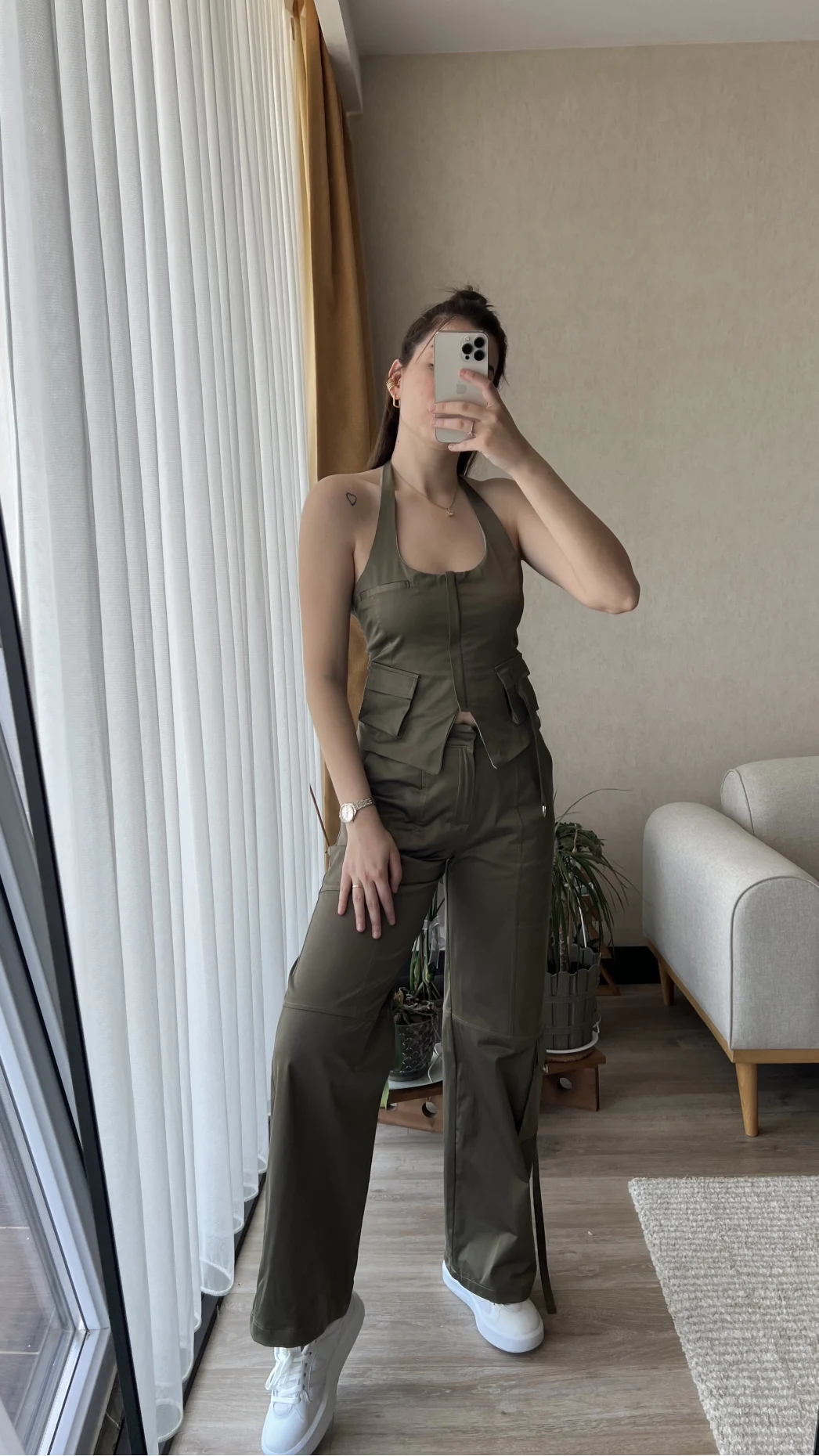 Premium Saten Yelekli Takım Haki Rengi