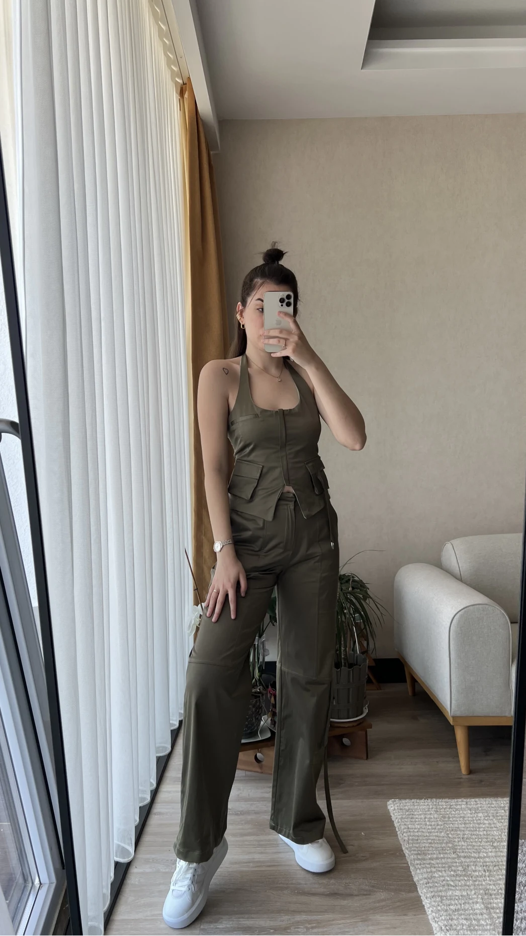 Premium Saten Yelekli Takım Haki Rengi