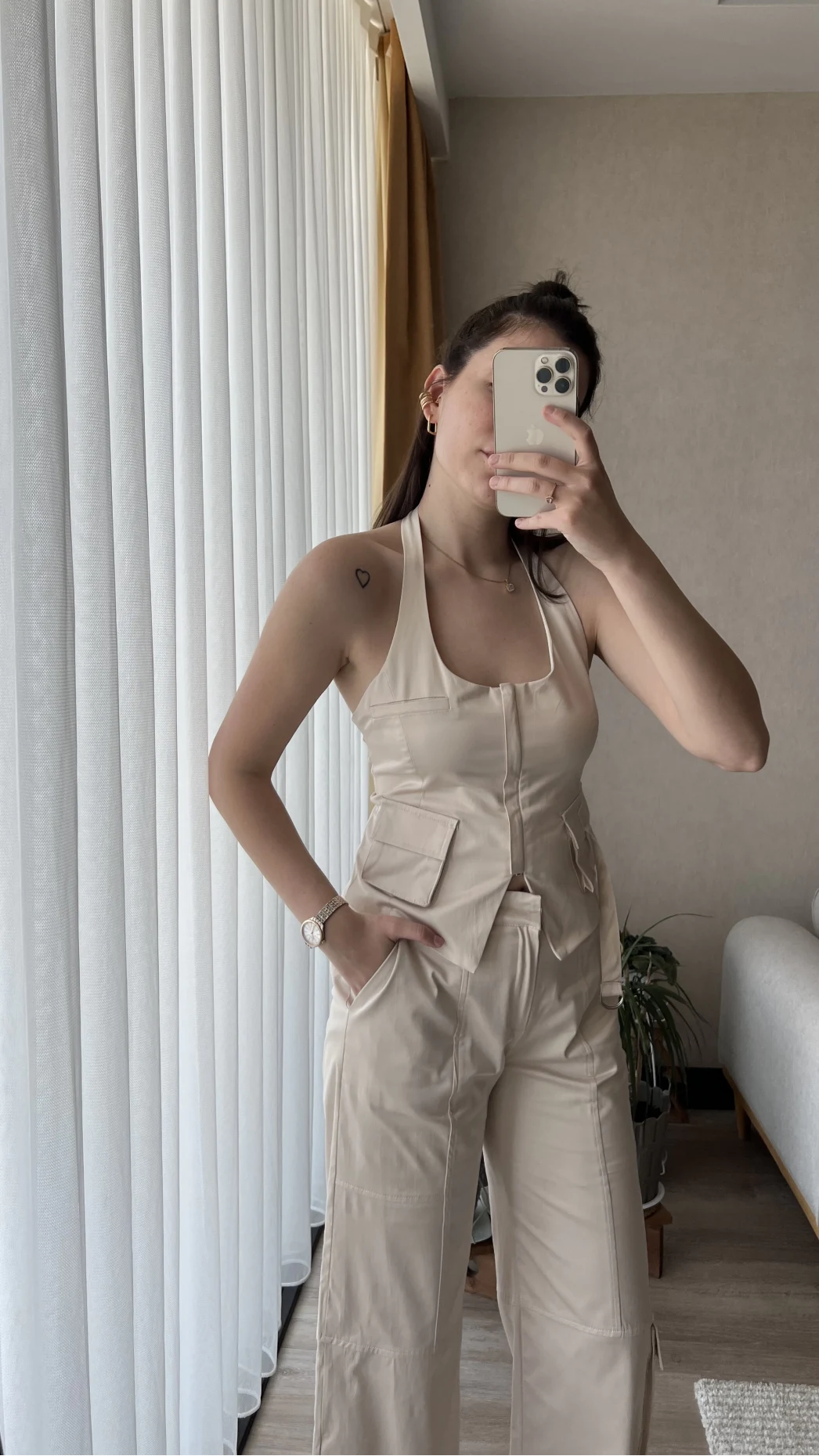 Premium Saten Yelekli Takım Krem Rengi