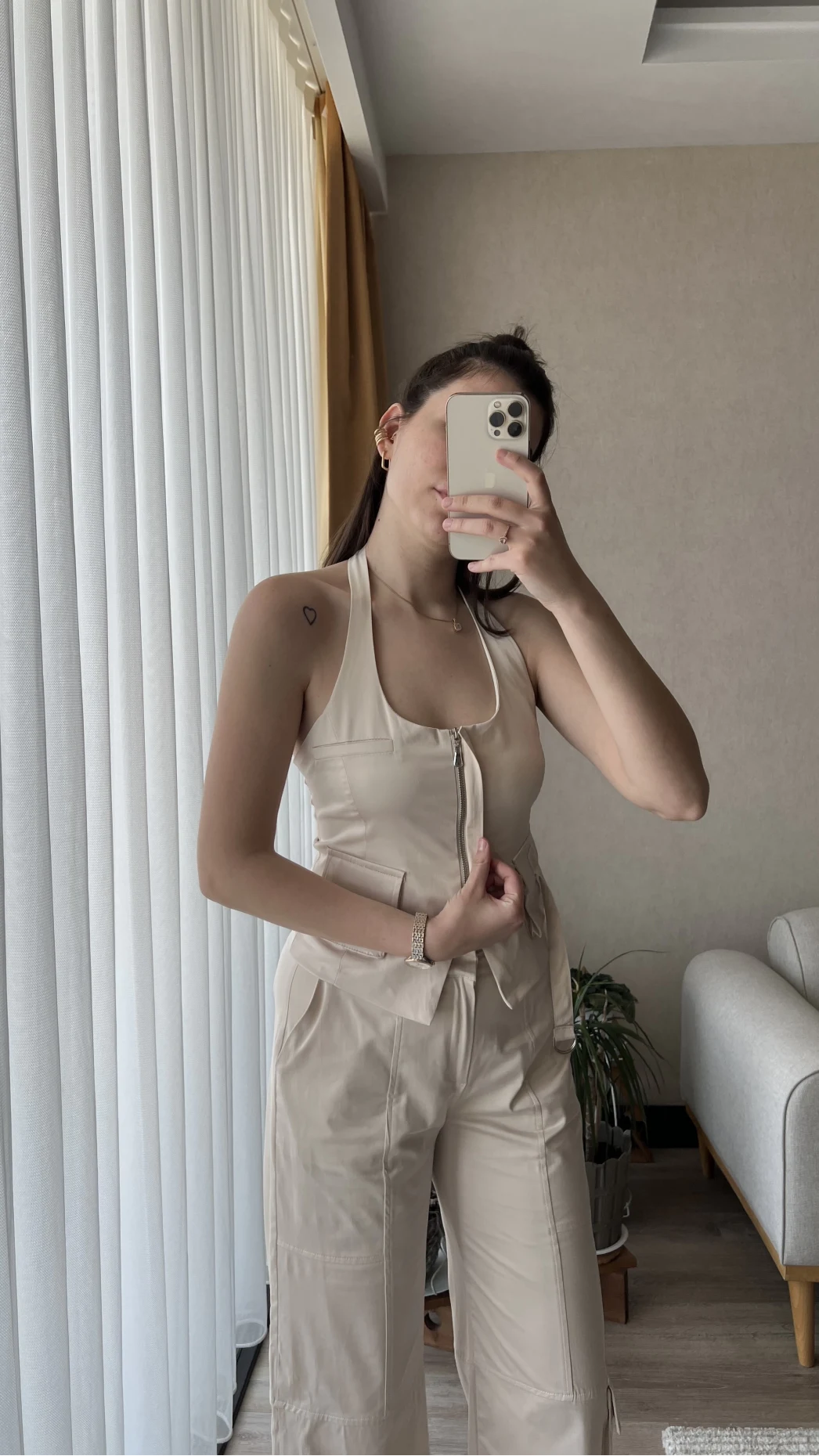 Premium Saten Yelekli Takım Krem Rengi