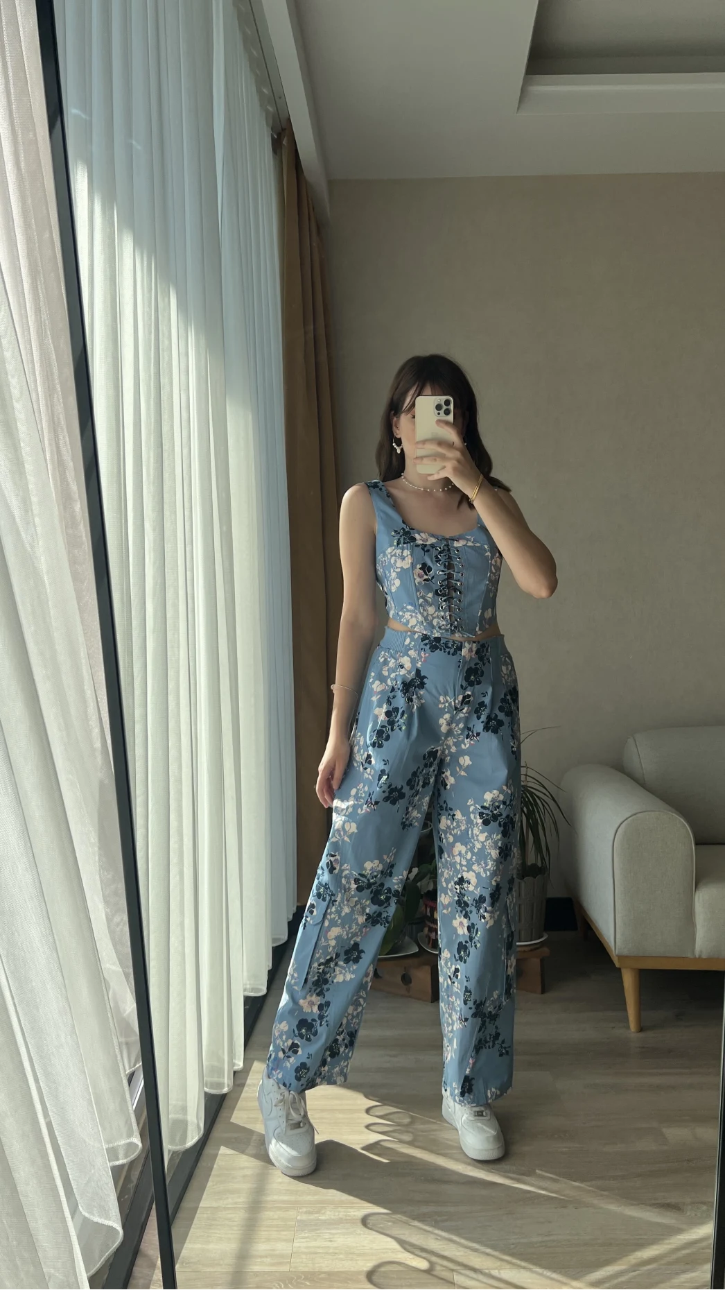 Premium Tasarım Mavi Çiçekli Kargo Cepli Takım