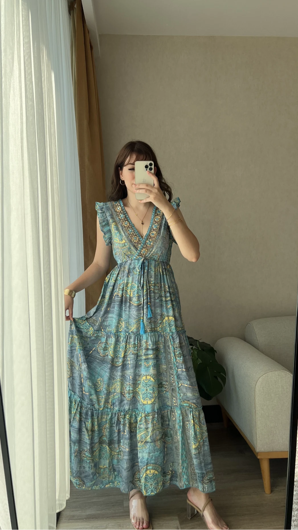 Premium Tasarım Uzun Elbise Kolsuz Model Mavi