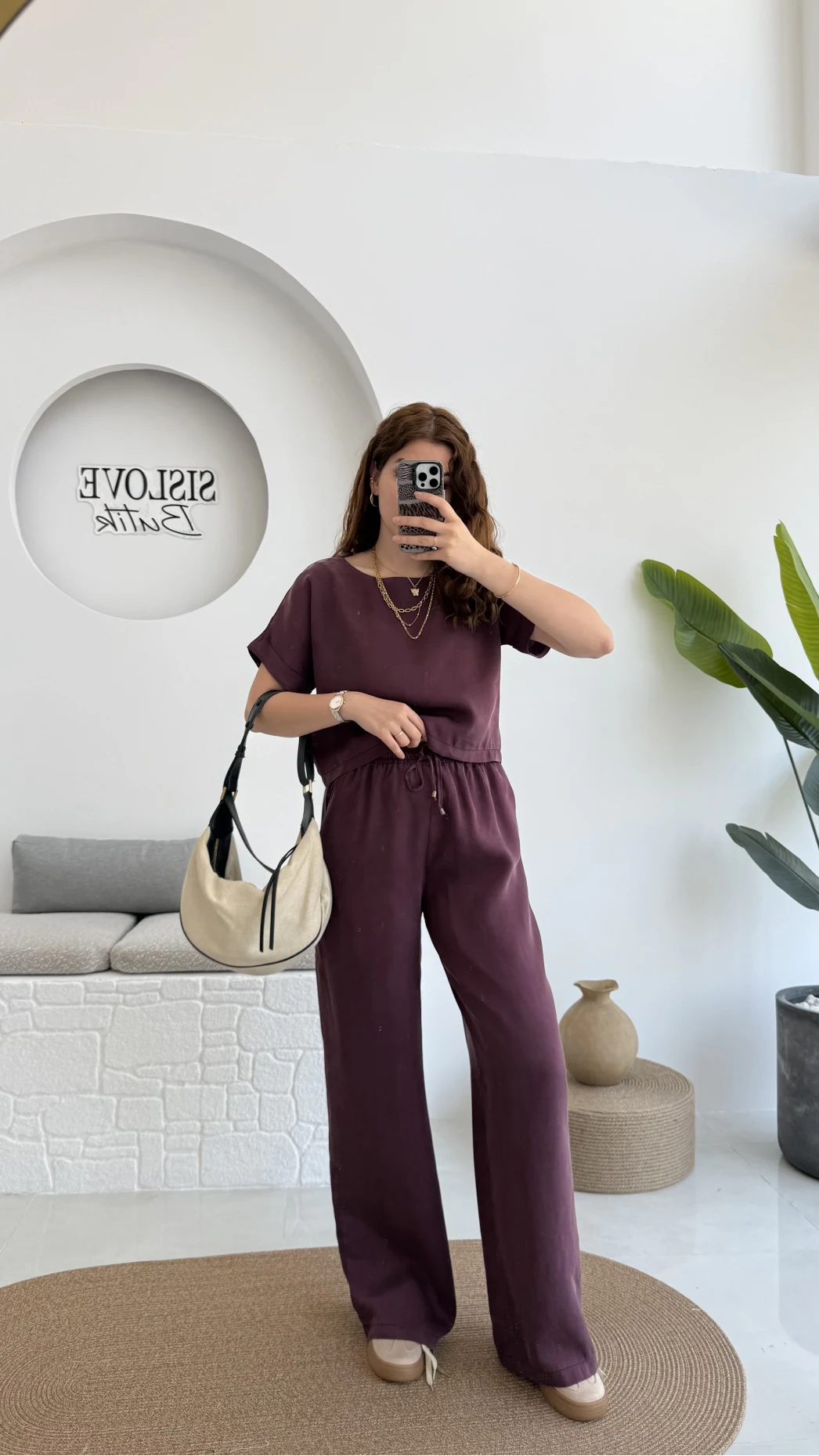 Premium Tensel Bluz Pantolon Takım - Bordo - 51163