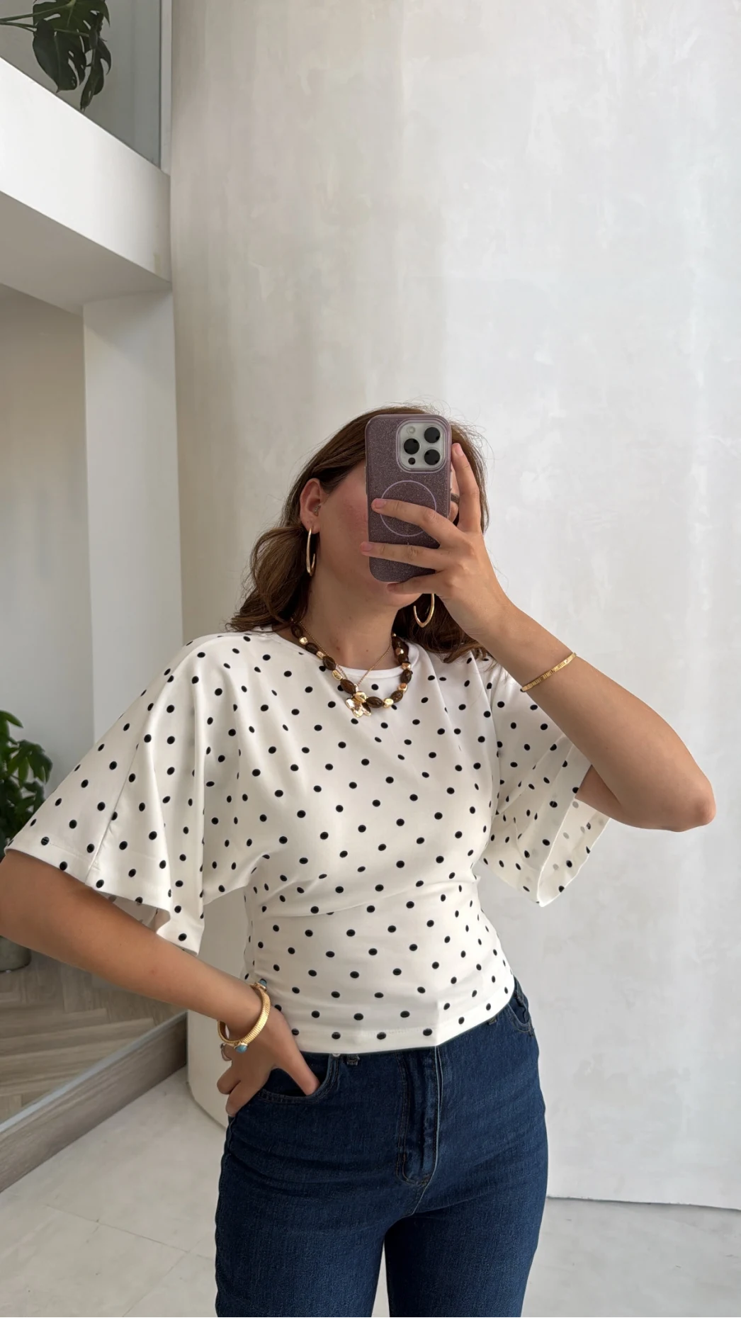 Puantiye Desenli Beli Büzgülü T-Shirt - Ekru - Kod: 1105