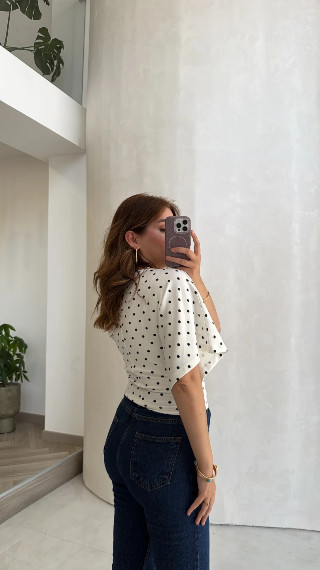 Puantiye Desenli Beli Büzgülü T-Shirt - Ekru - Kod: 1105