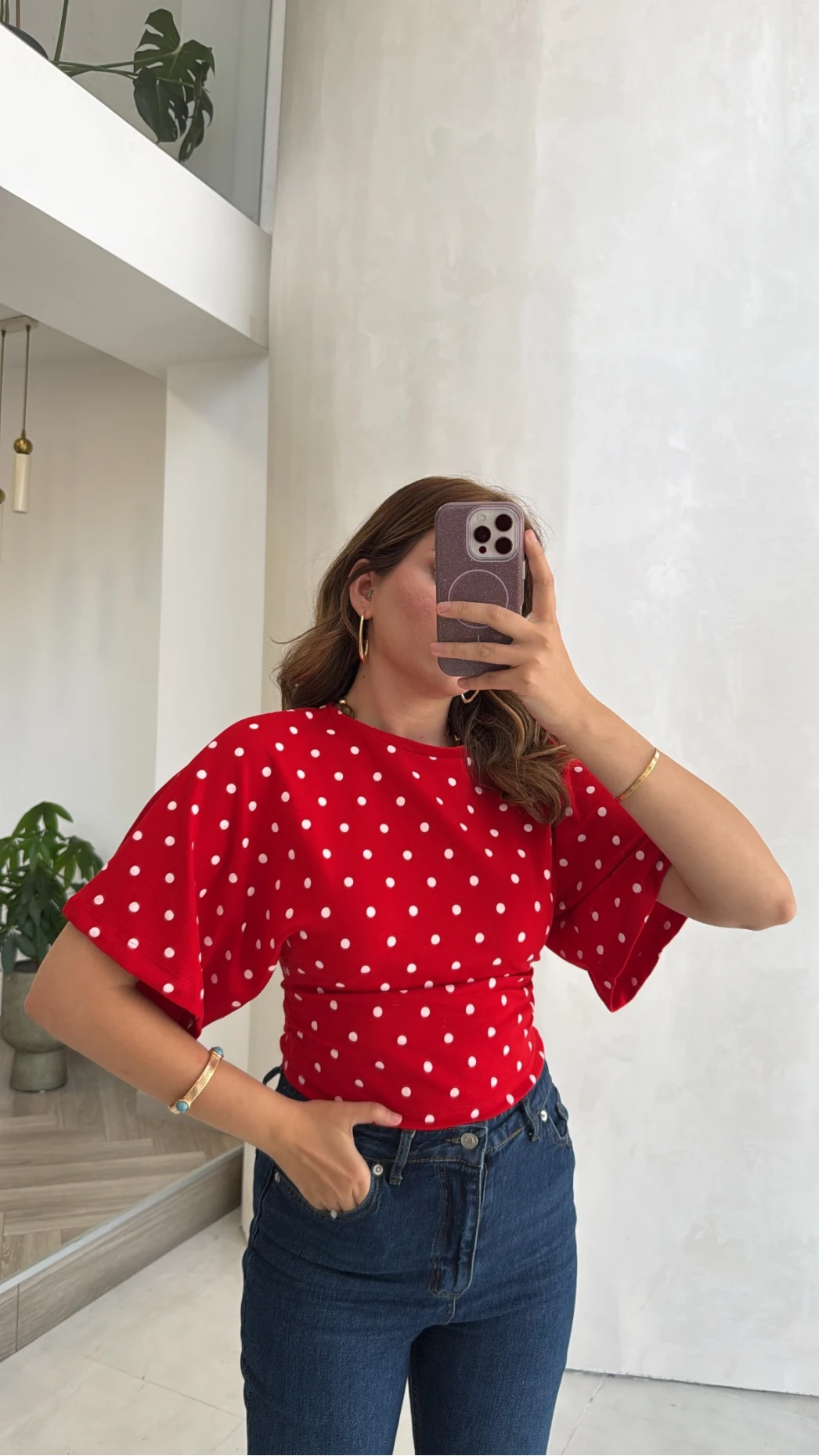 Puantiye Desenli Beli Büzgülü T-Shirt - Kırmızı - Kod: 1105