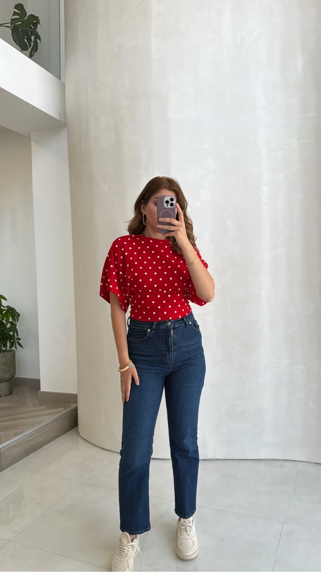 Puantiye Desenli Beli Büzgülü T-Shirt - Kırmızı - Kod: 1105