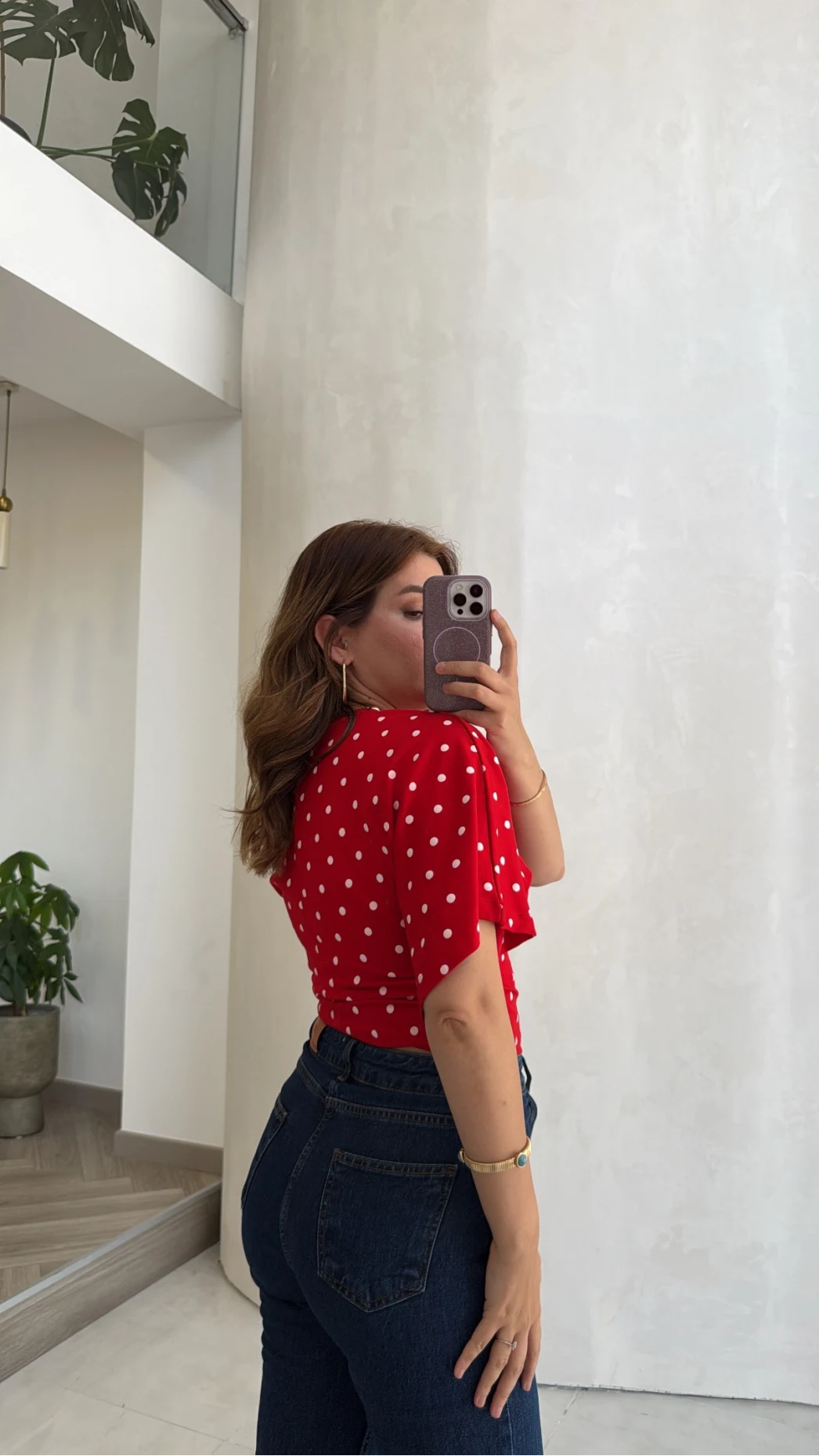 Puantiye Desenli Beli Büzgülü T-Shirt - Kırmızı - Kod: 1105