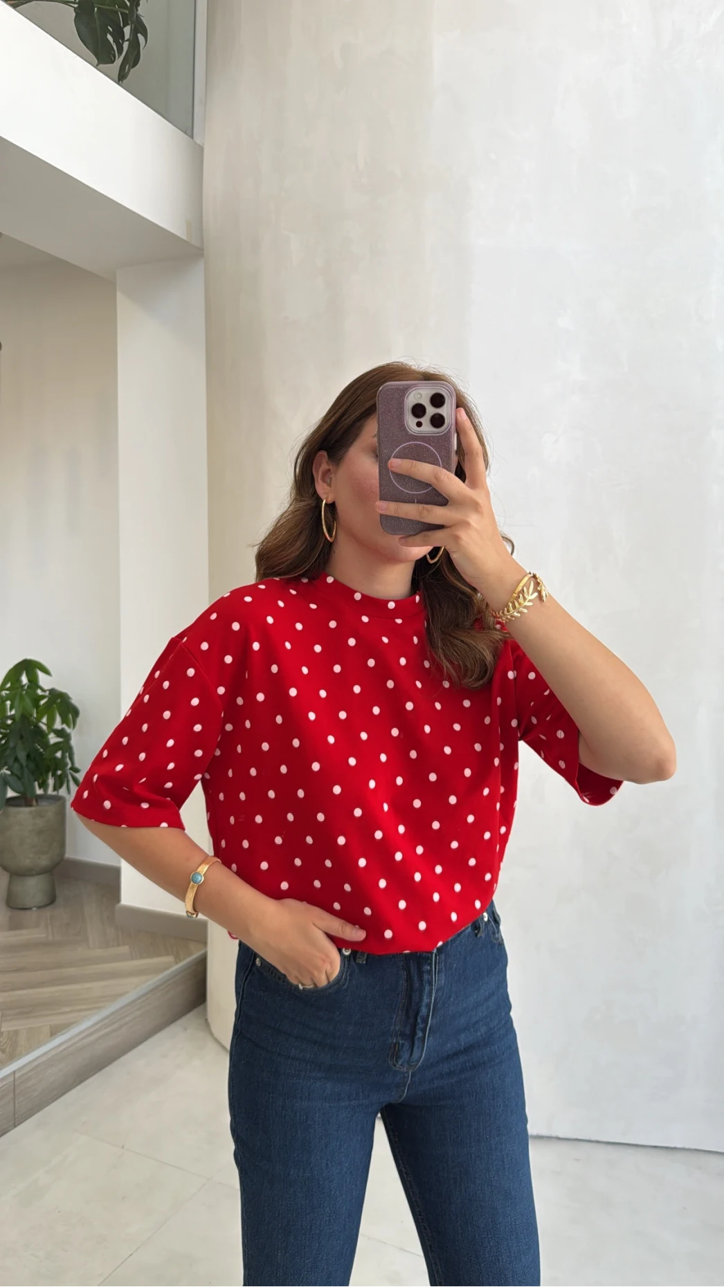 Puantiyeli Sırtı Kalp Detay T-Shirt - Kırmızı - Kod: 1113