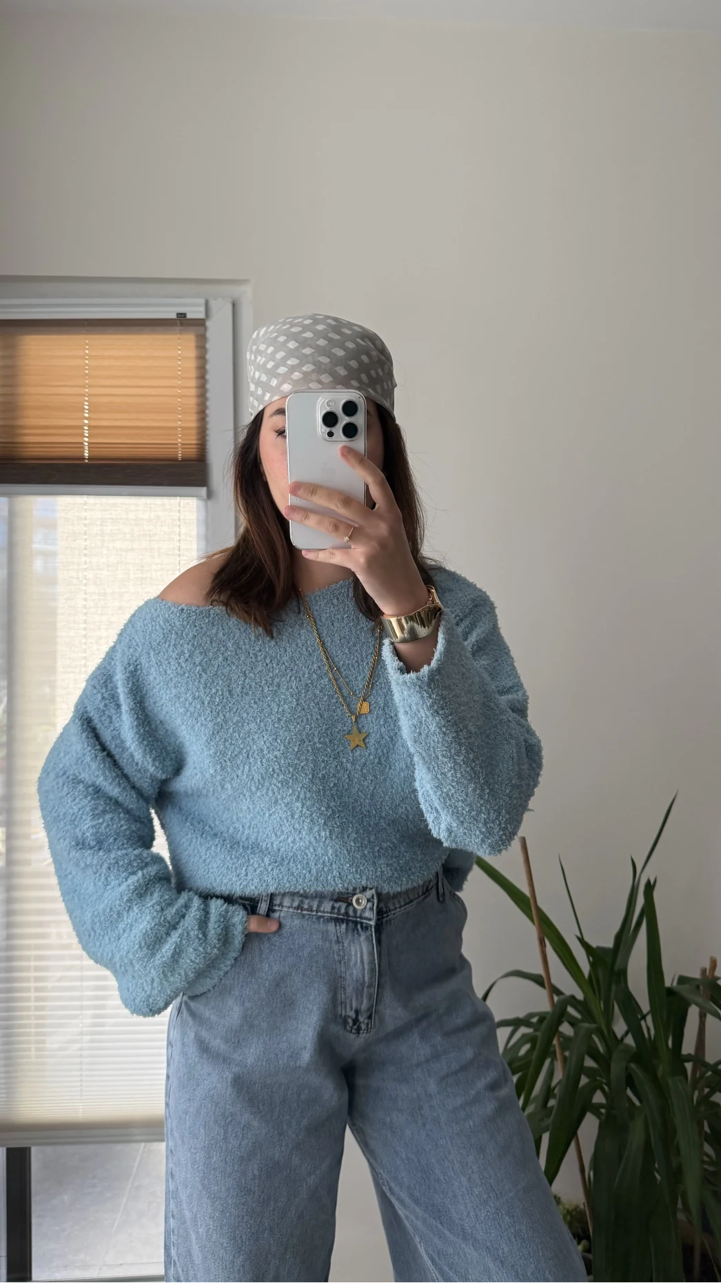 Puffy Kumaş Kayık Yaka Mavi