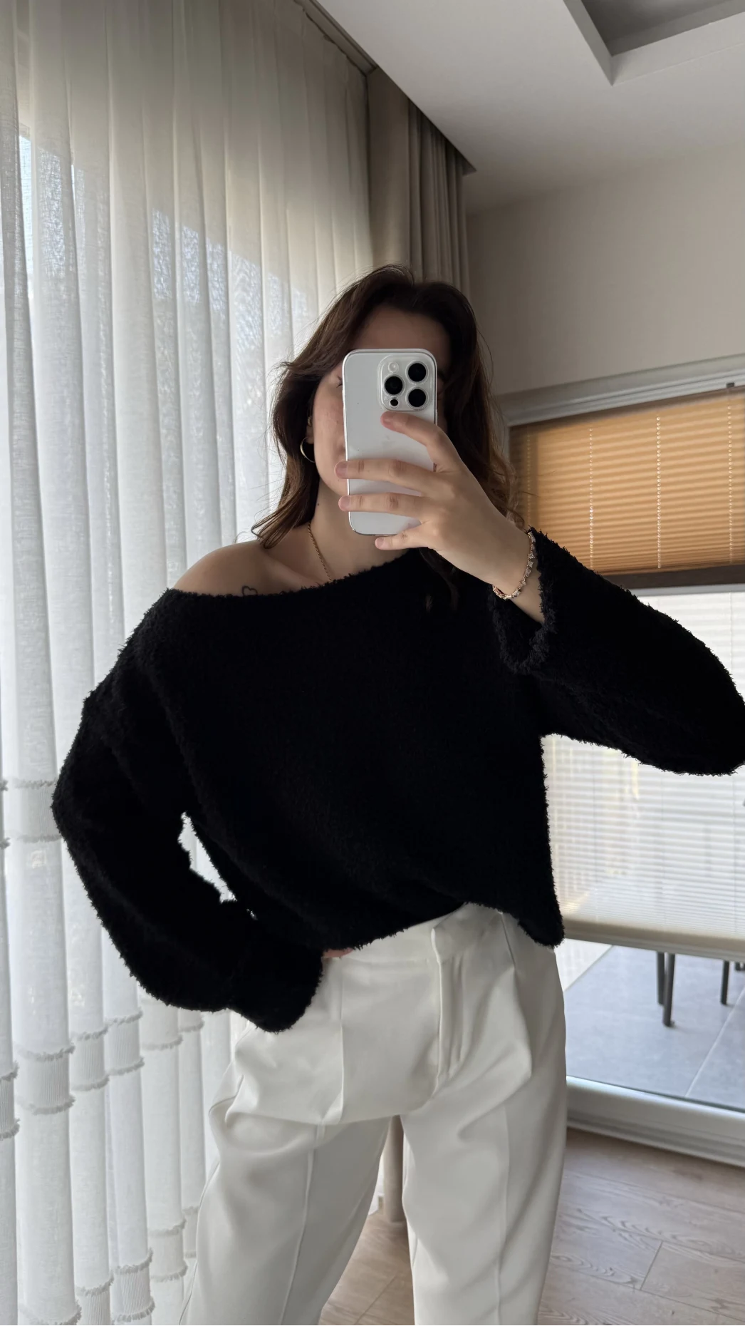 Puffy Kumaş Kayık Yaka Siyah