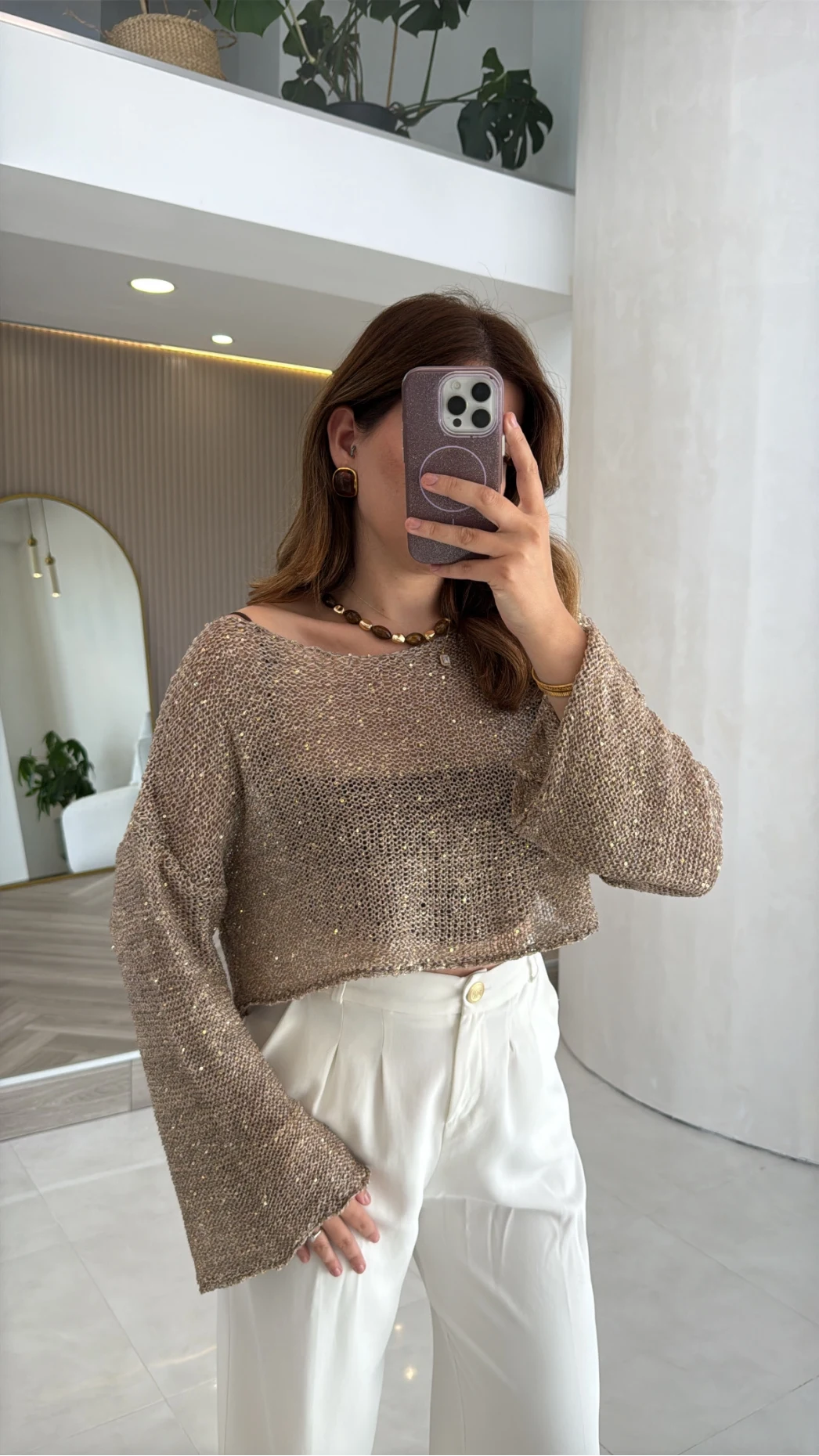 Pullu Kayık Yaka Crop Üst - Bej - Kod: 2765