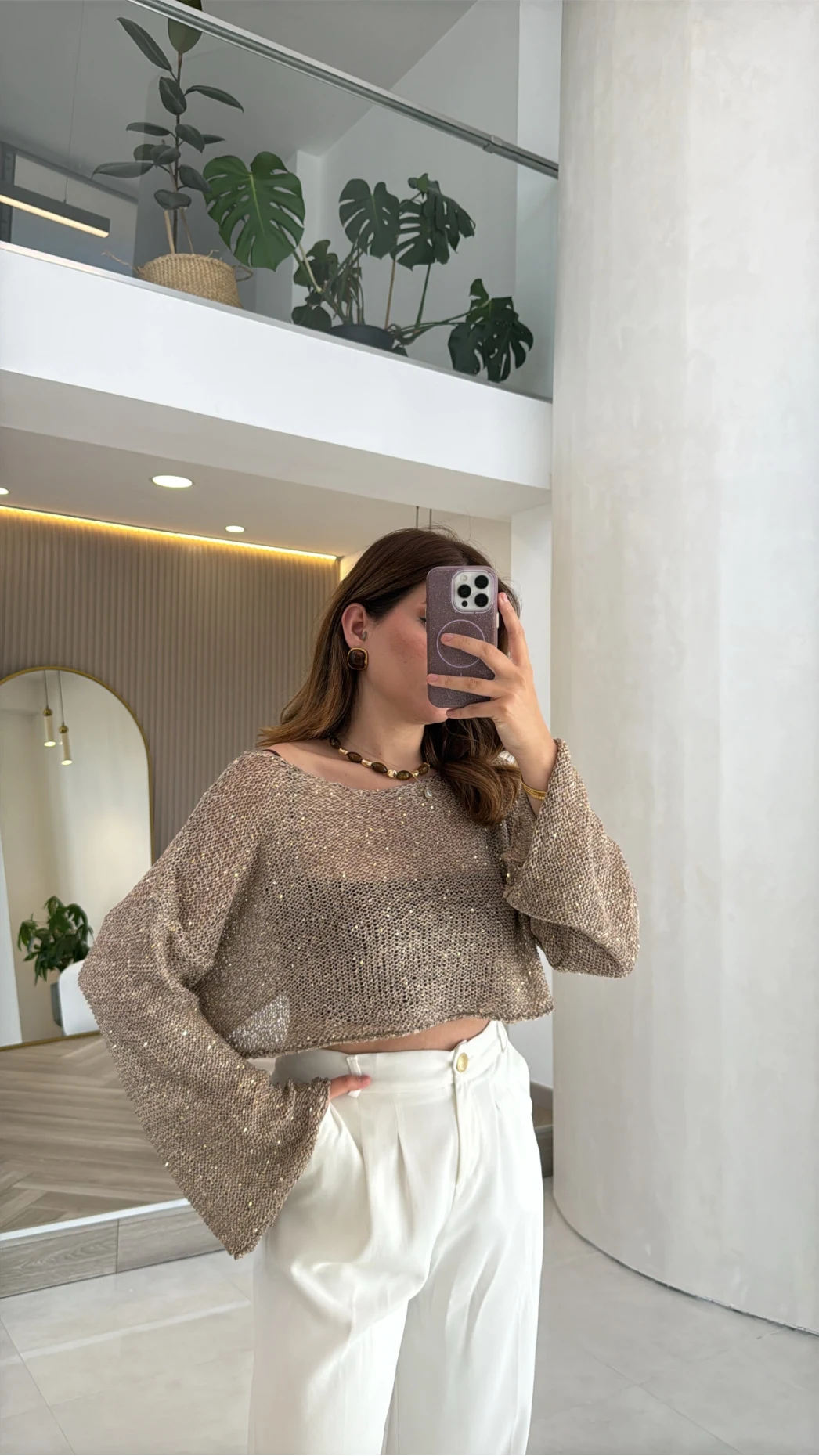 Pullu Kayık Yaka Crop Üst - Bej - Kod: 2765