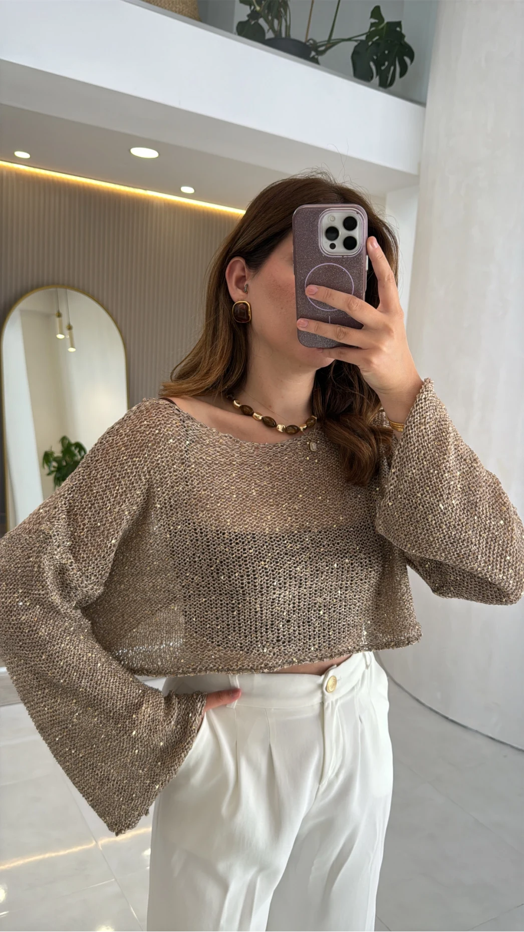 Pullu Kayık Yaka Crop Üst - Bej - Kod: 2765