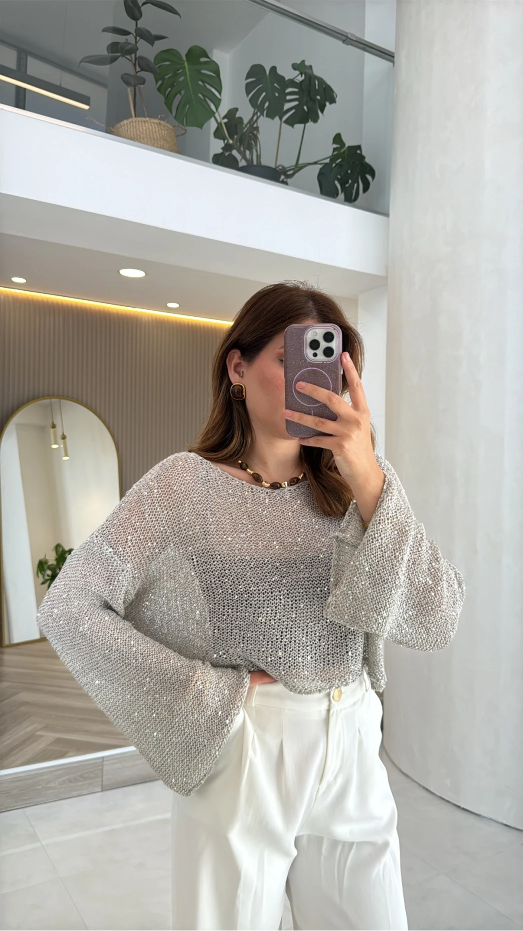 Pullu Kayık Yaka Crop Üst - Gri - Kod: 2765