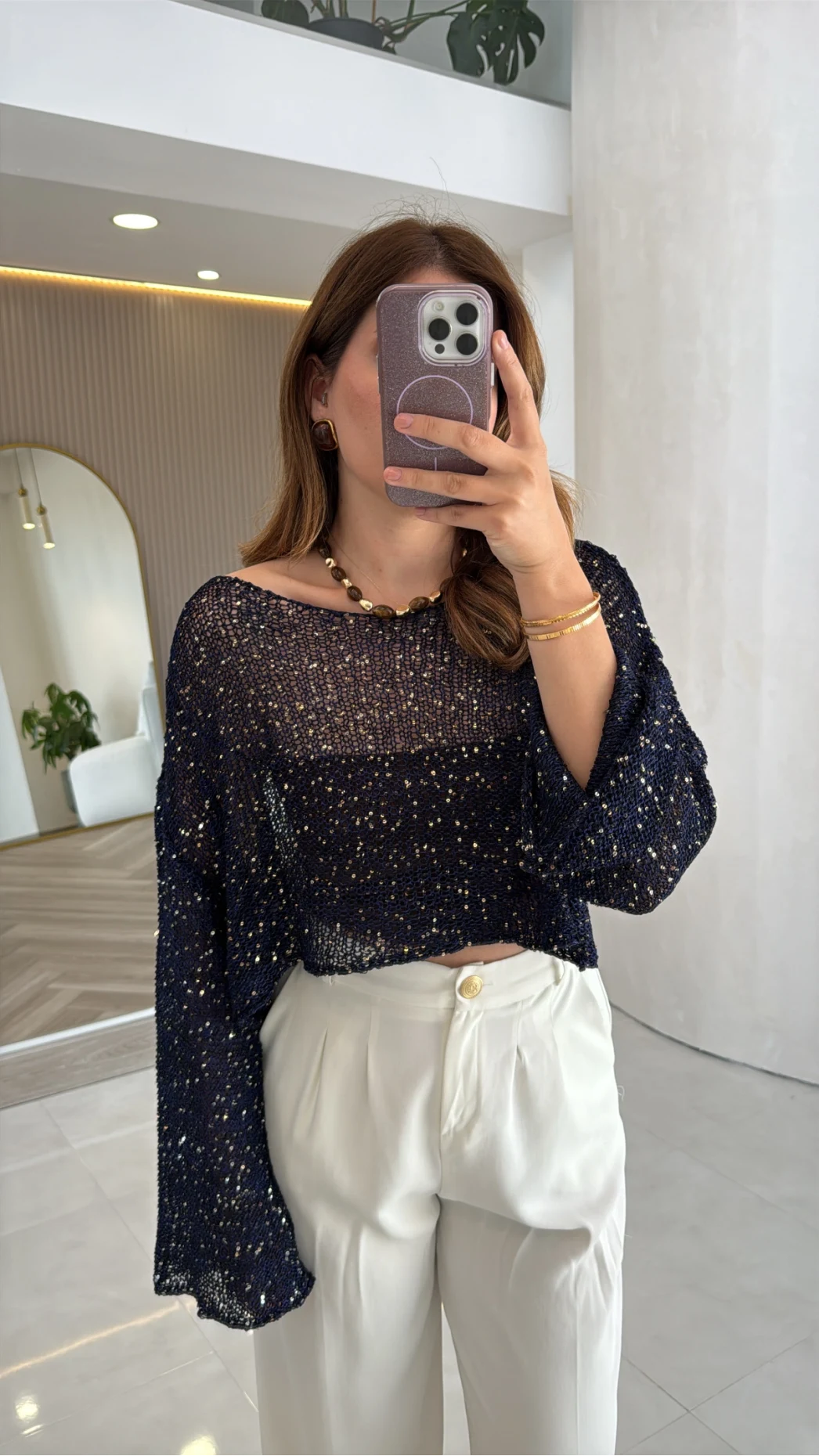 Pullu Kayık Yaka Crop Üst - Lacivert - Kod: 2765