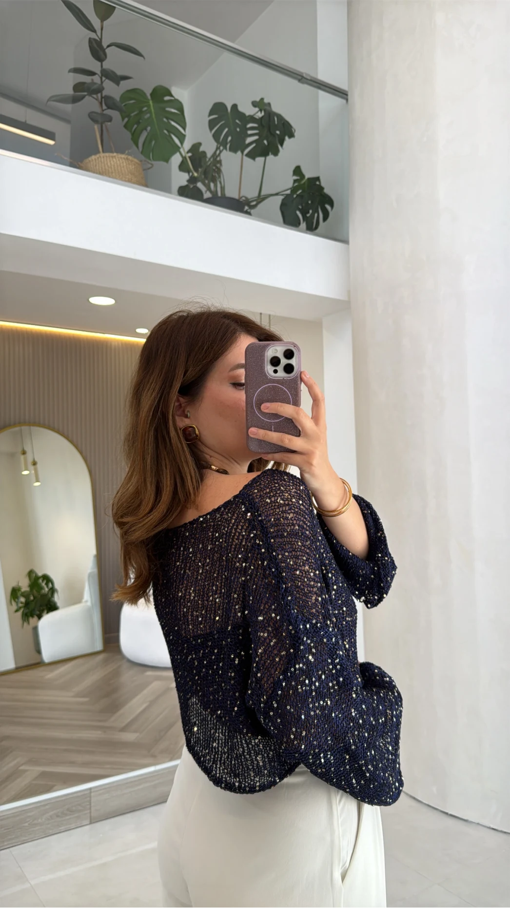 Pullu Kayık Yaka Crop Üst - Lacivert - Kod: 2765