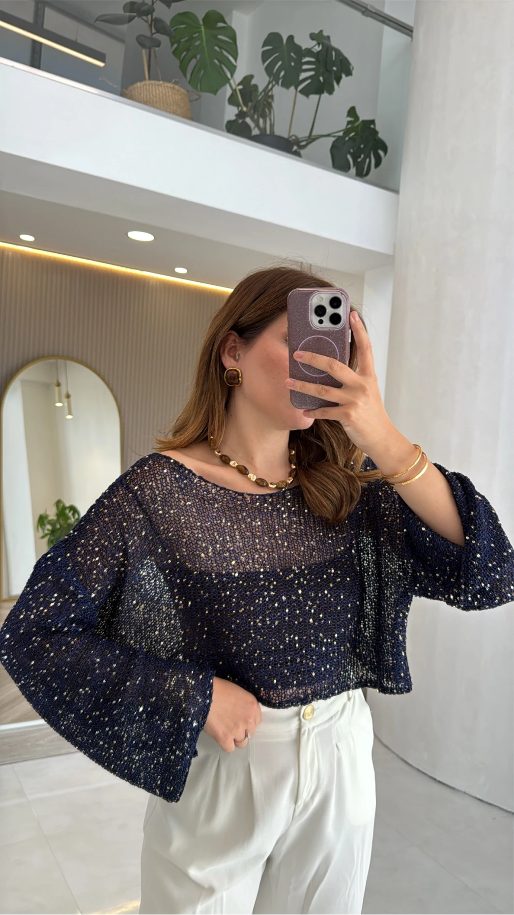 Pullu Kayık Yaka Crop Üst - Lacivert - Kod: 2765
