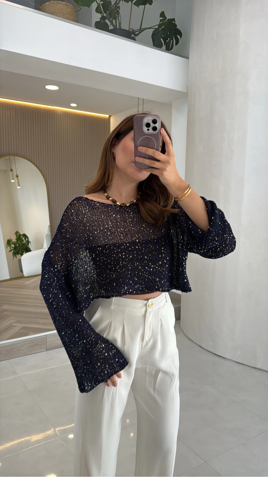 Pullu Kayık Yaka Crop Üst - Lacivert - Kod: 2765