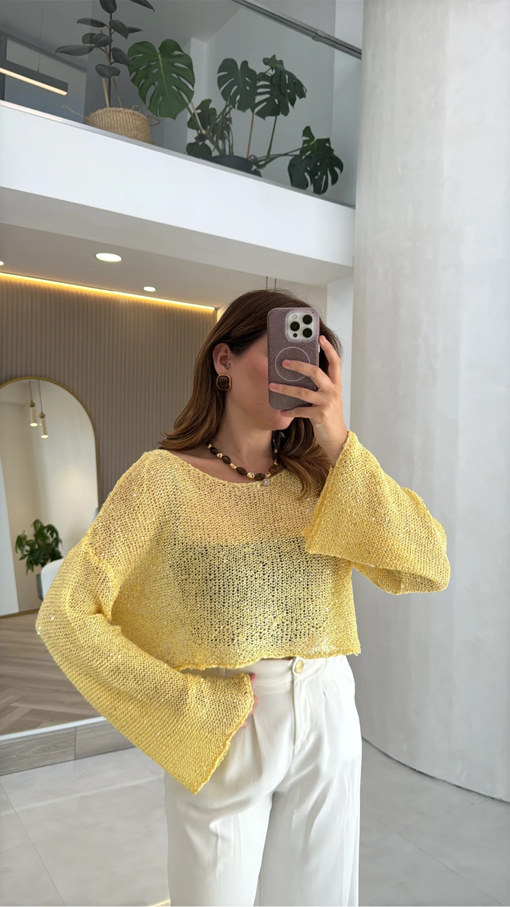 Pullu Kayık Yaka Crop Üst - Sarı - Kod: 2765