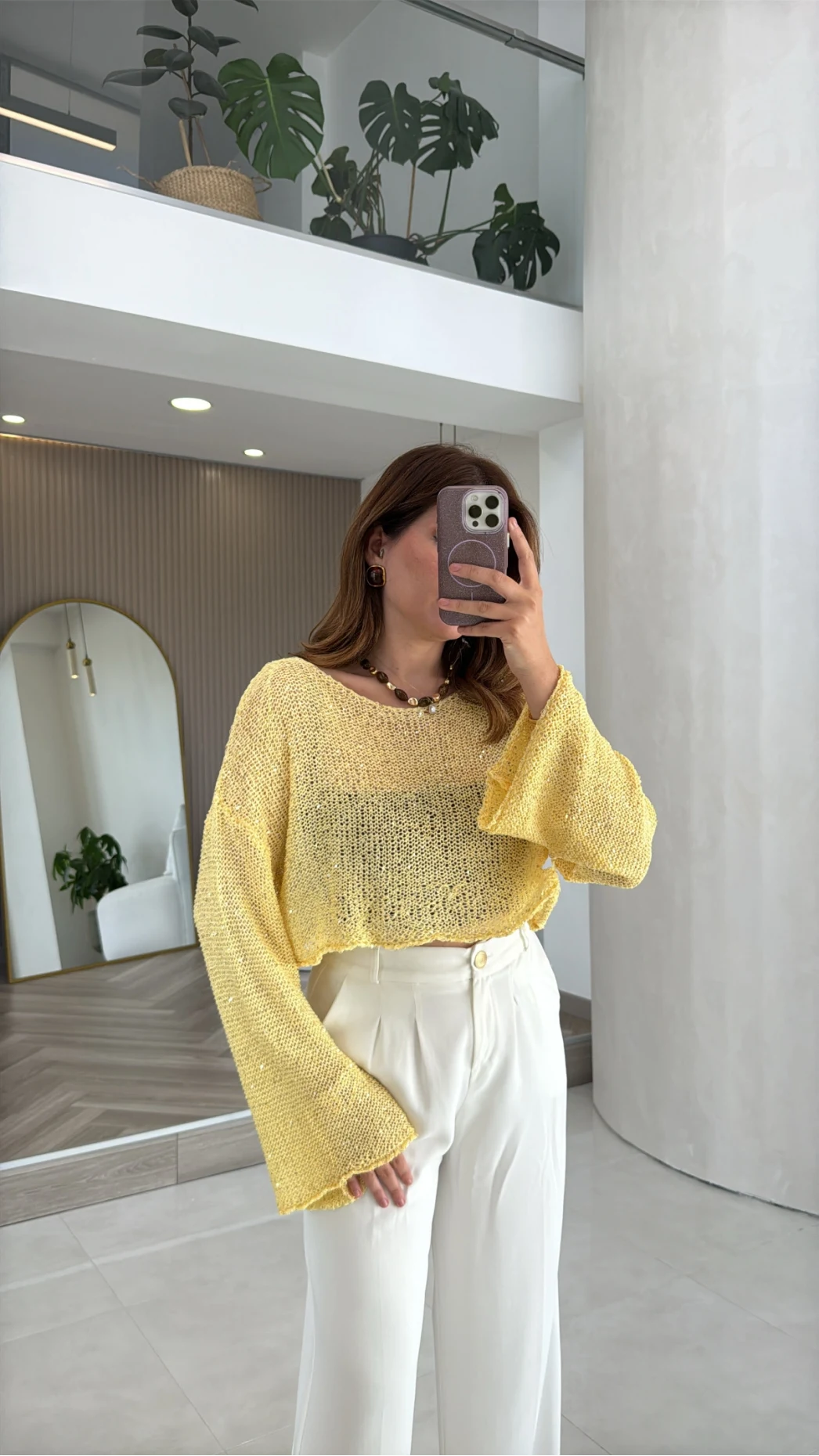 Pullu Kayık Yaka Crop Üst - Sarı - Kod: 2765