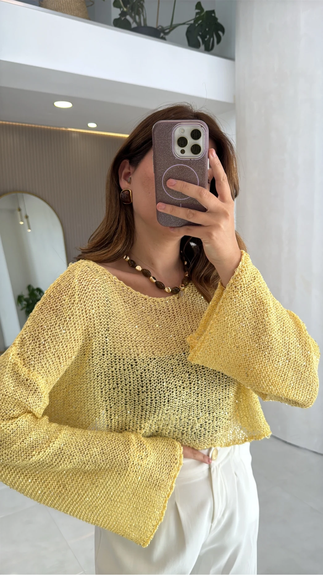 Pullu Kayık Yaka Crop Üst - Sarı - Kod: 2765