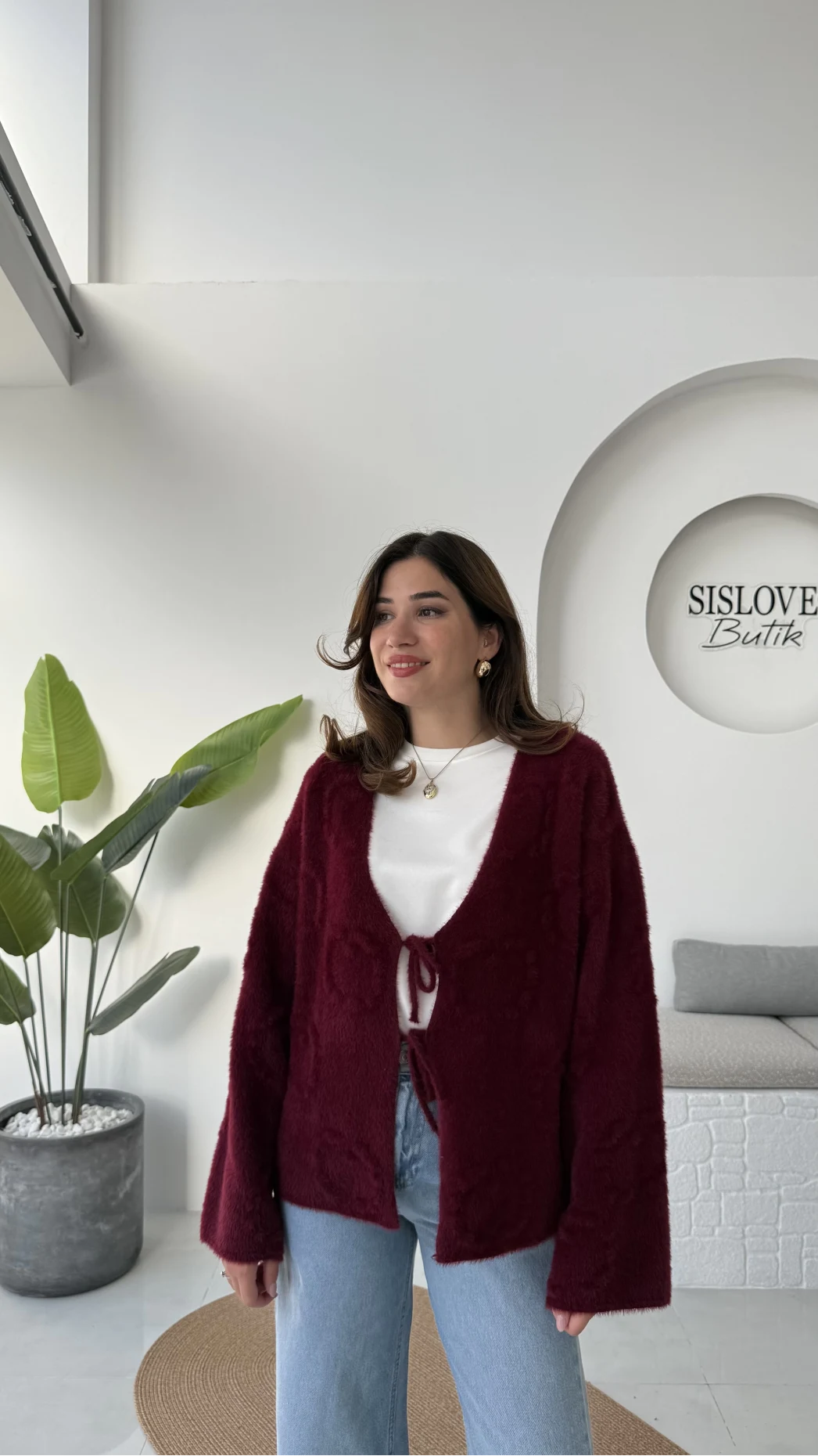 Püskül Yumoş Hırka - Bordo - Kod: 25030