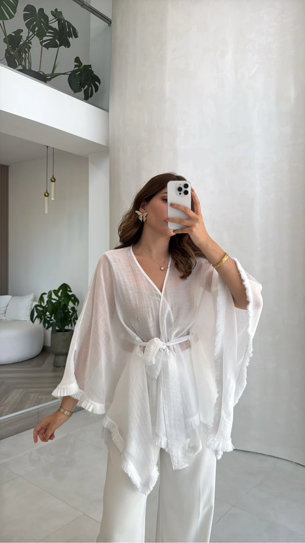 Püsküllü Kimono - Beyaz - Kod: 5101