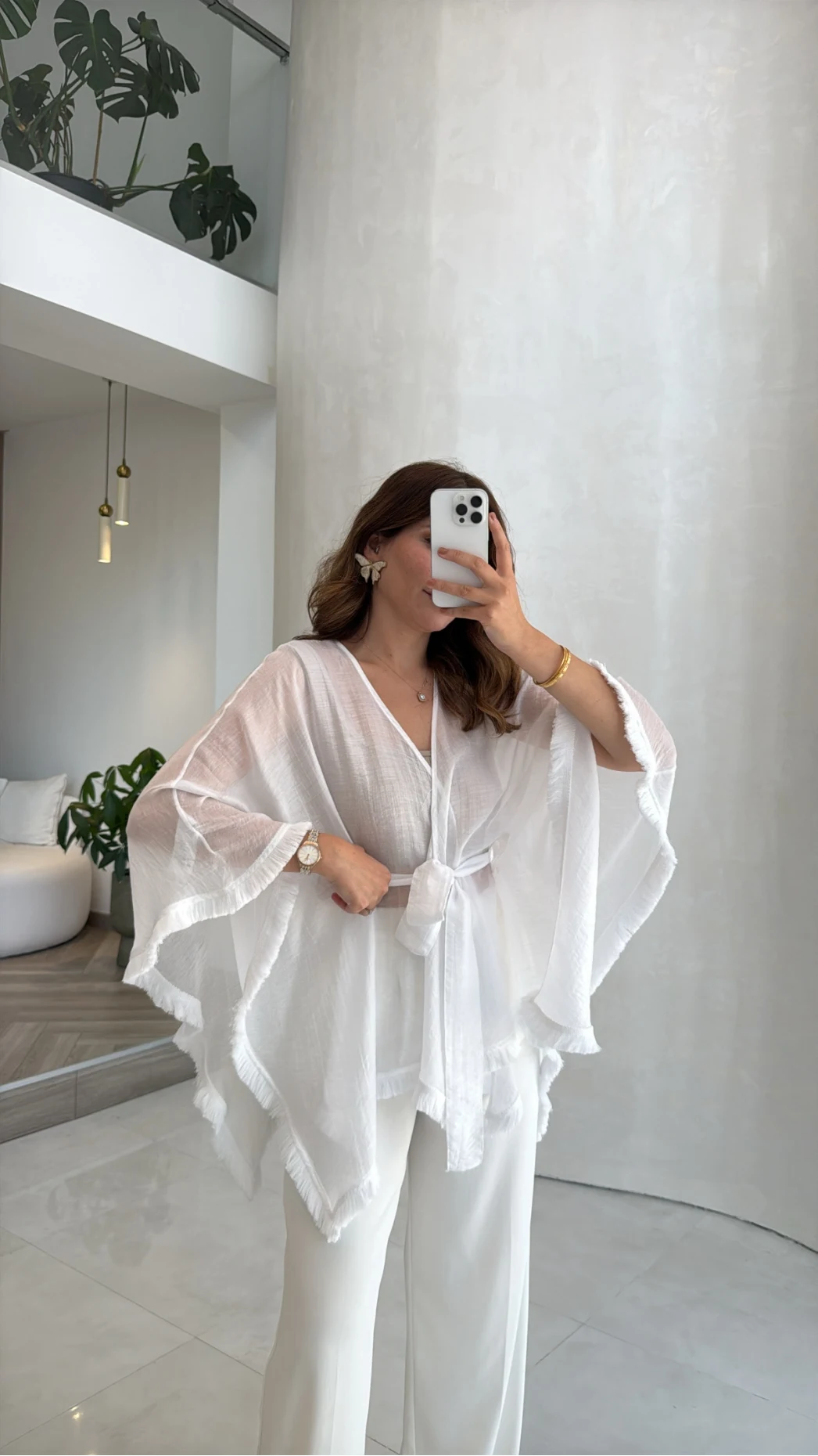 Püsküllü Kimono - Beyaz - Kod: 5101