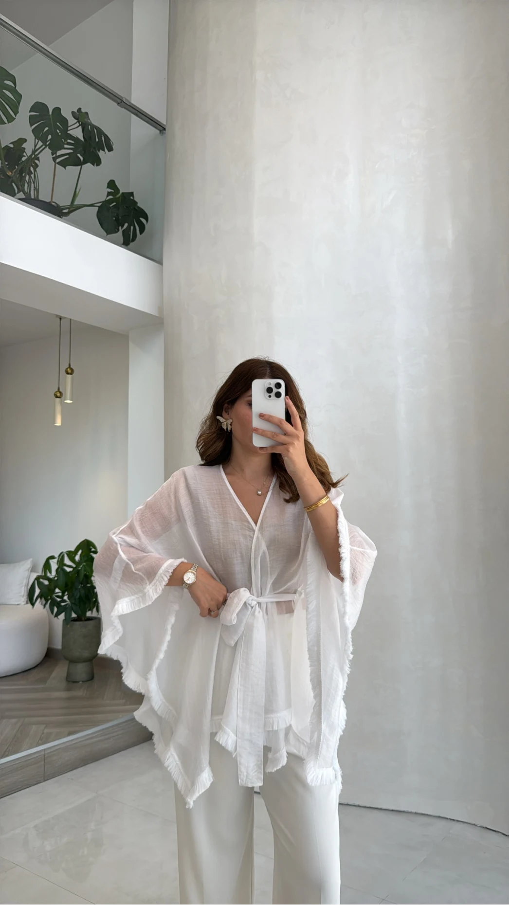 Püsküllü Kimono - Beyaz - Kod: 5101