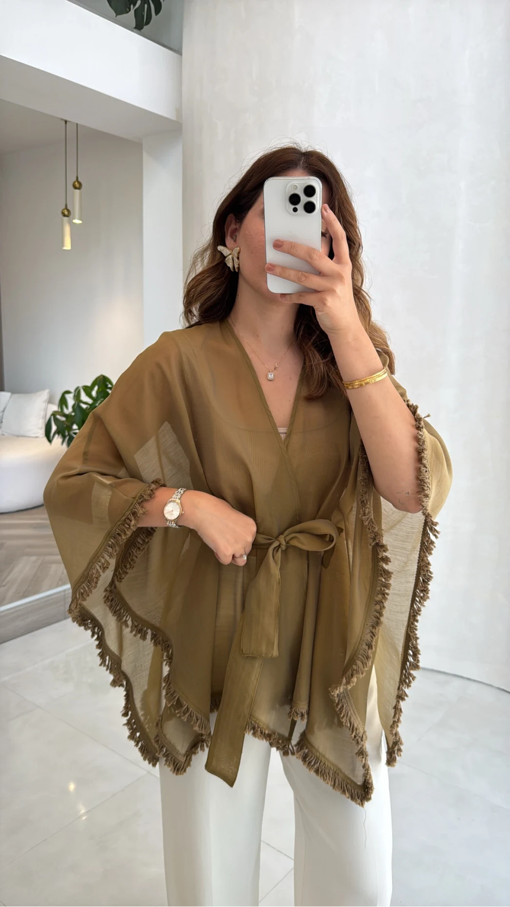 Püsküllü Kimono - Olive - Kod: 5101