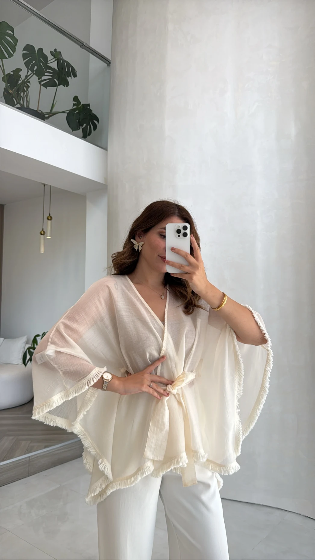 Püsküllü Kimono - Taş - Kod: 5101