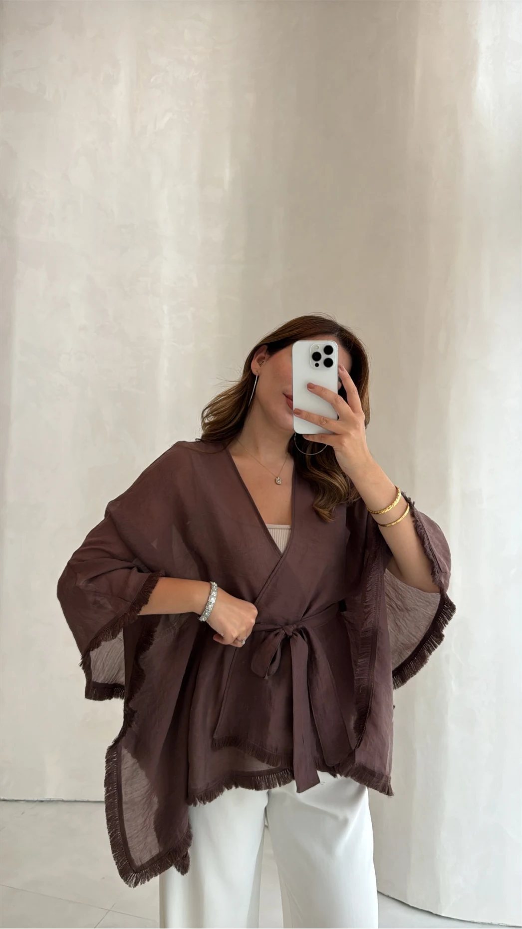 Püsküllü Kuşaklı Kimono - Kahverengi - Kod: 5101