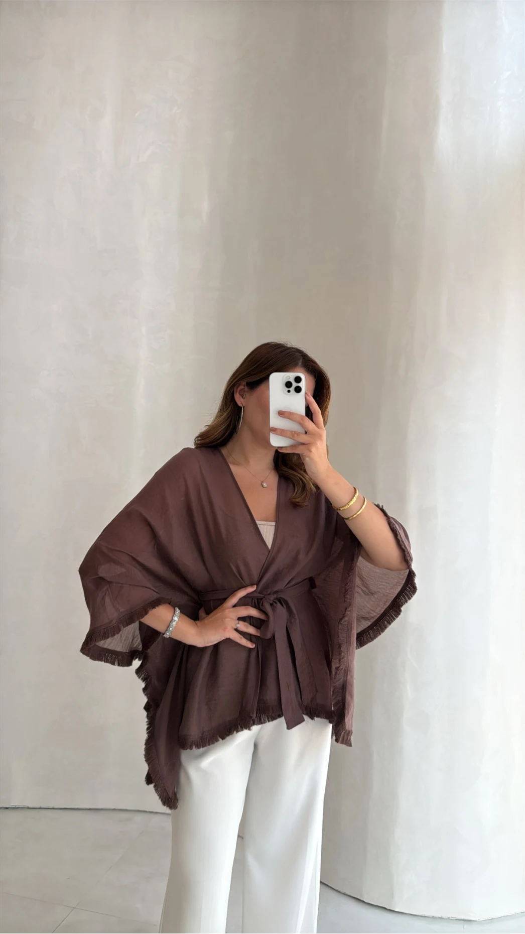 Püsküllü Kuşaklı Kimono - Kahverengi - Kod: 5101