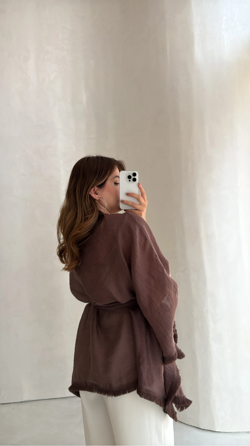 Püsküllü Kuşaklı Kimono - Kahverengi - Kod: 5101