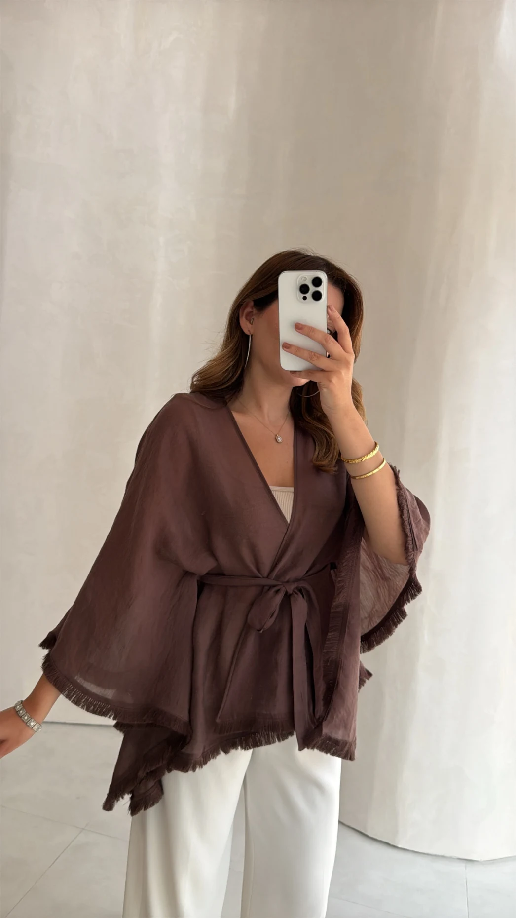 Püsküllü Kuşaklı Kimono - Kahverengi - Kod: 5101