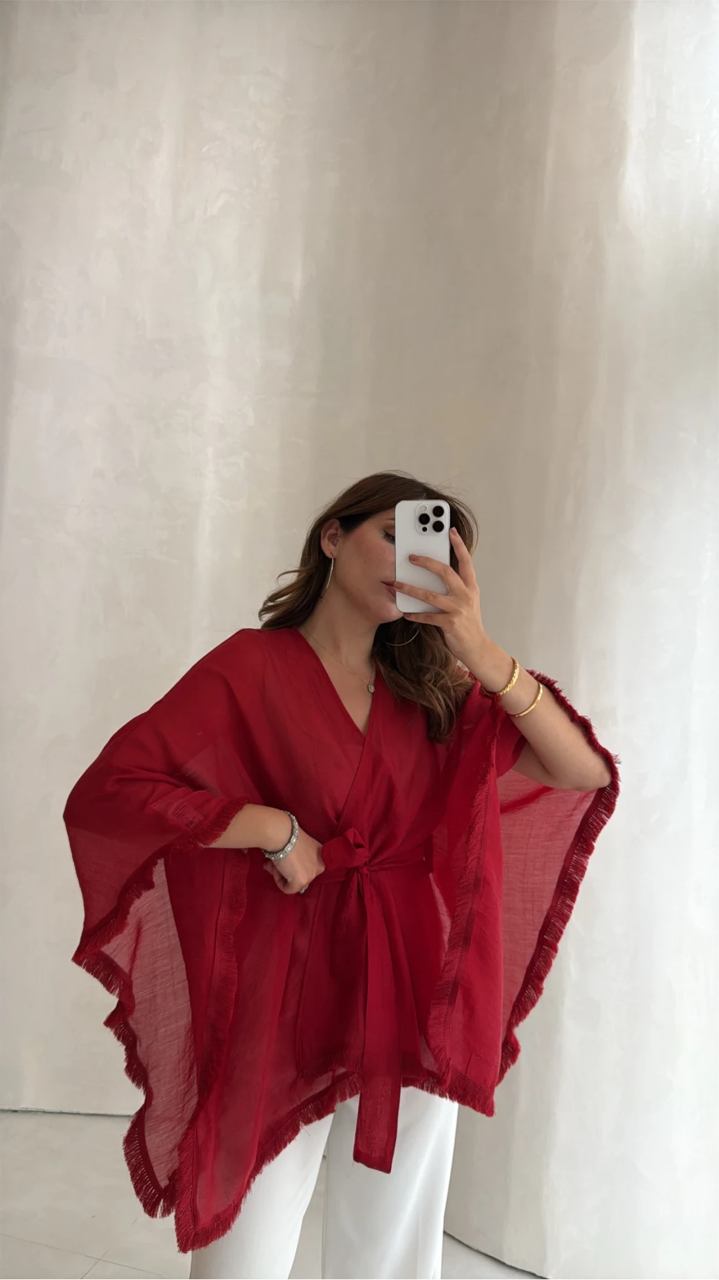 Püsküllü Kuşaklı Kimono - Kırmızı - Kod: 5101