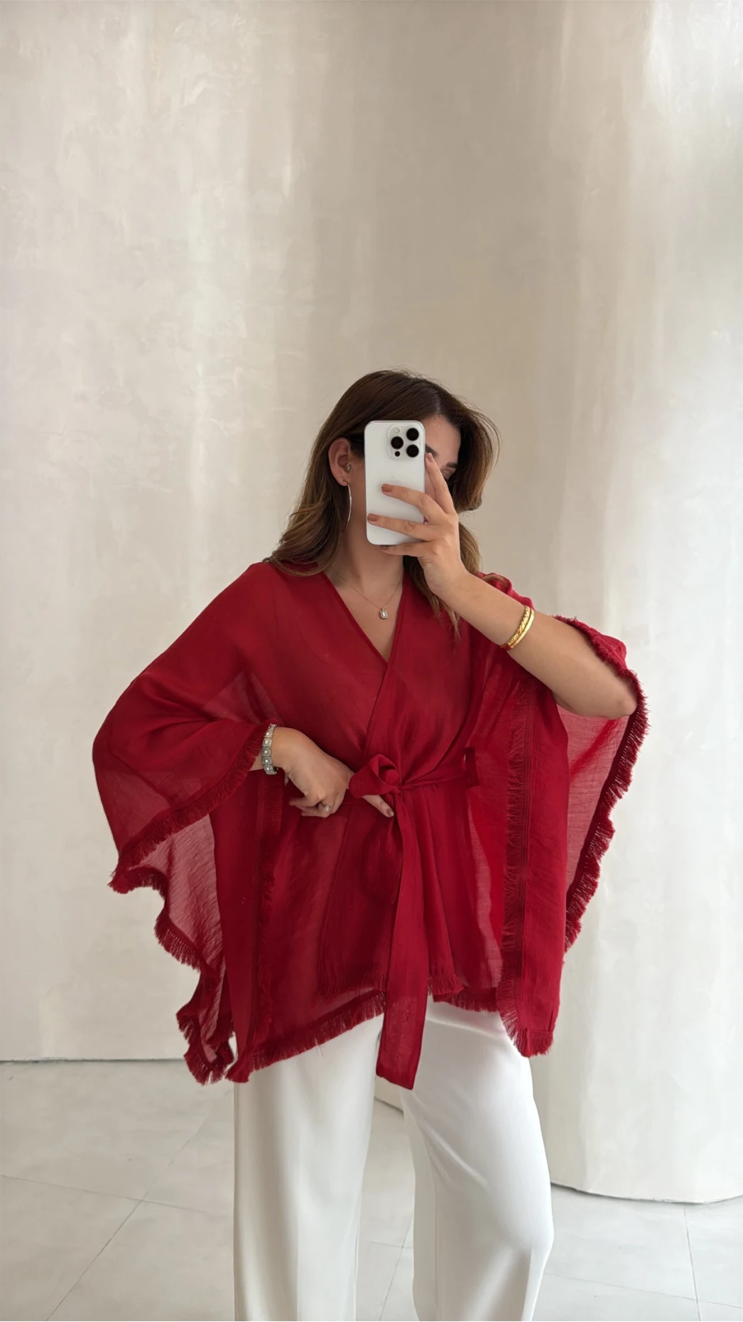Püsküllü Kuşaklı Kimono - Kırmızı - Kod: 5101