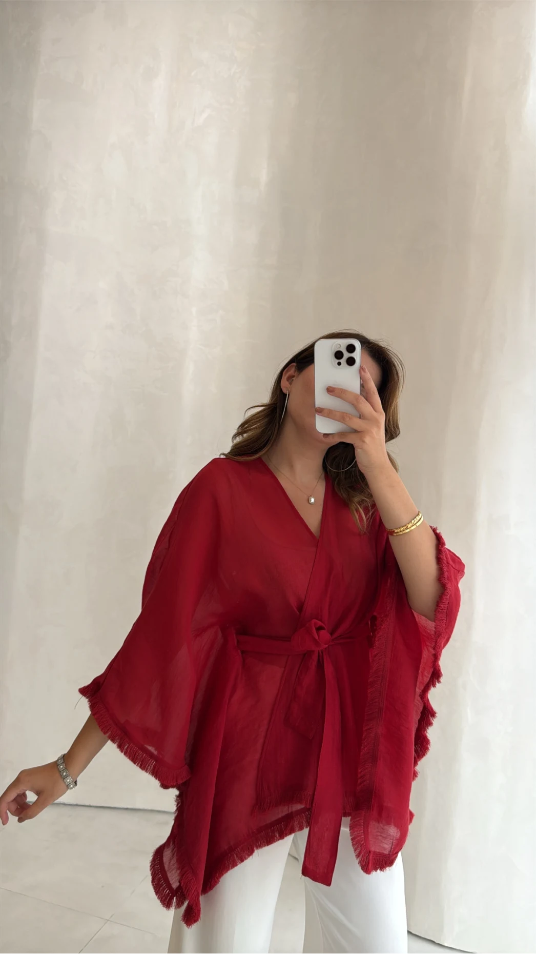 Püsküllü Kuşaklı Kimono - Kırmızı - Kod: 5101