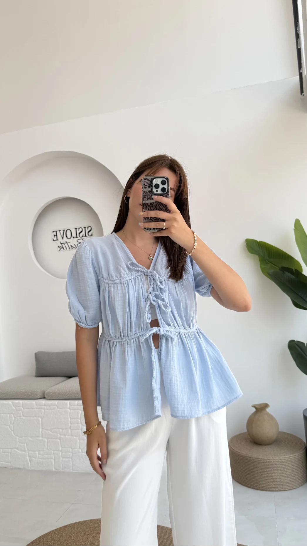 Rachel Bağlamalı Bluz Müslin Kumaş Bebe Mavisi - 1024