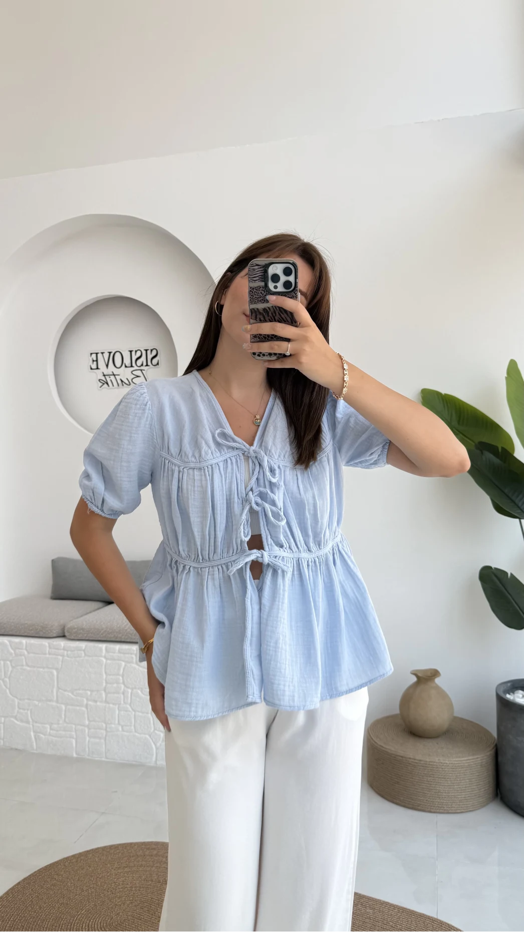 Rachel Bağlamalı Bluz Müslin Kumaş Bebe Mavisi - 1024