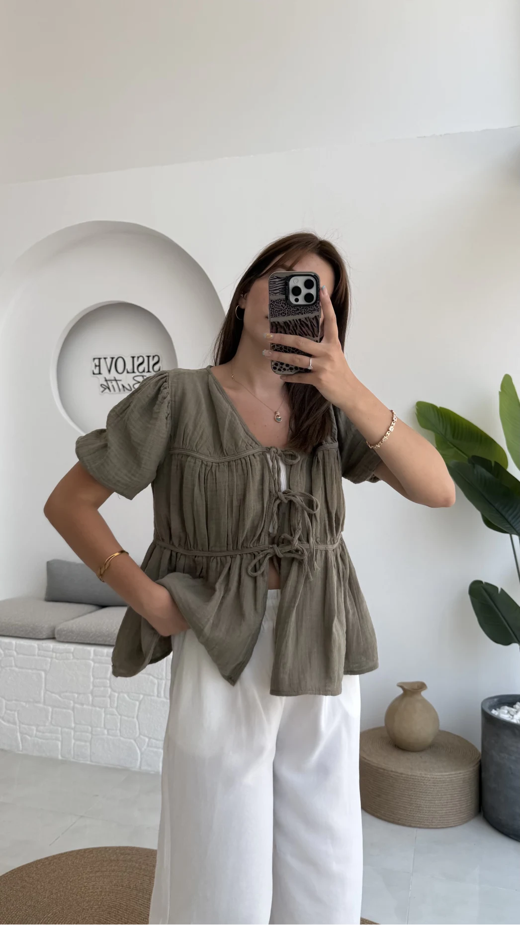 Rachel Bağlamalı Bluz Müslin Kumaş Haki - 1024