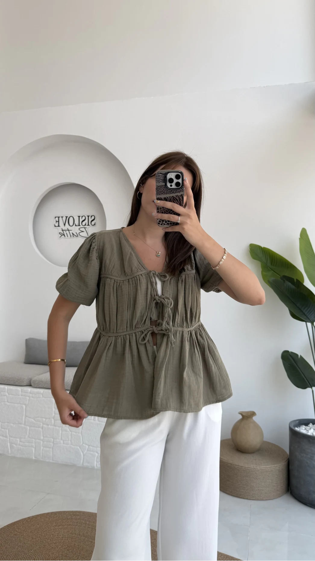 Rachel Bağlamalı Bluz Müslin Kumaş Haki - 1024