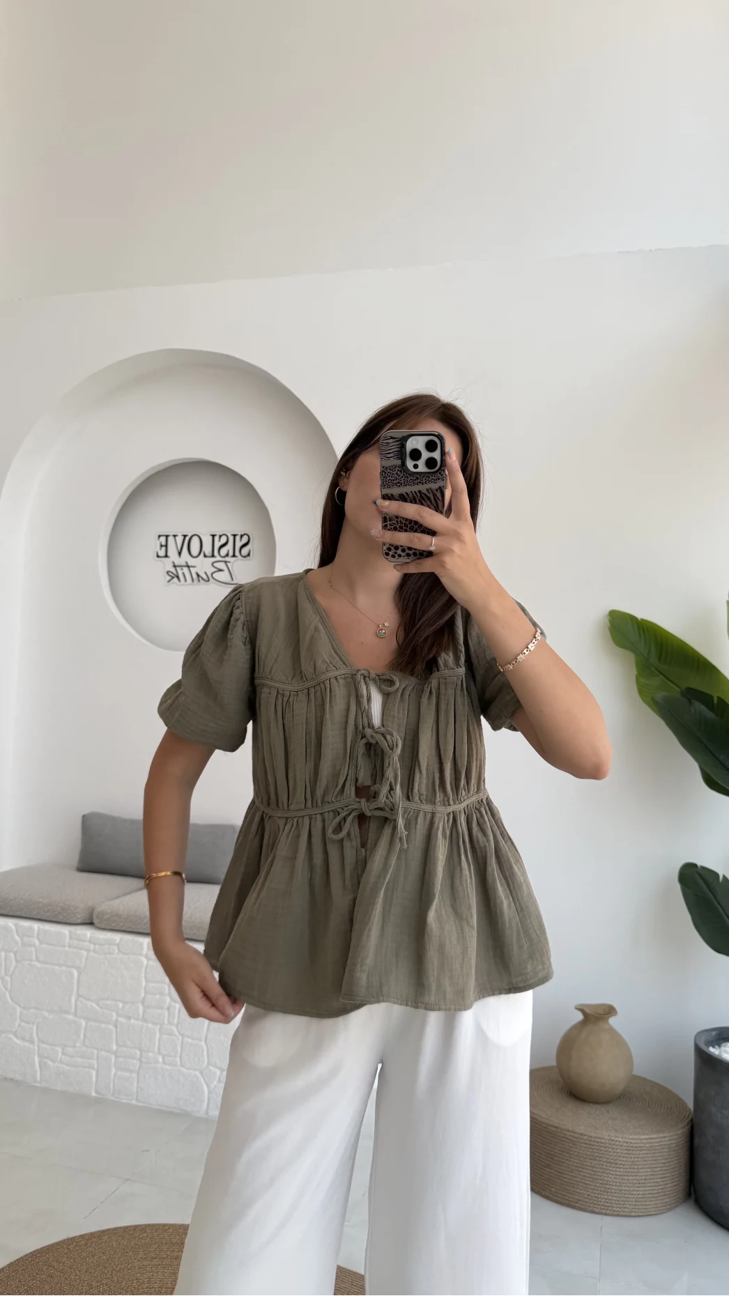 Rachel Bağlamalı Bluz Müslin Kumaş Haki - 1024