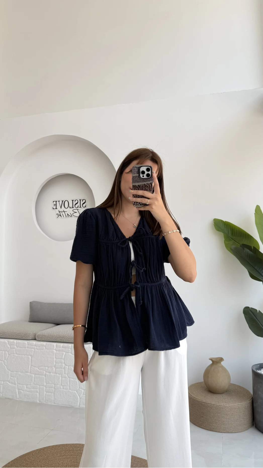 Rachel Bağlamalı Bluz Müslin Kumaş Lacivert - 1024