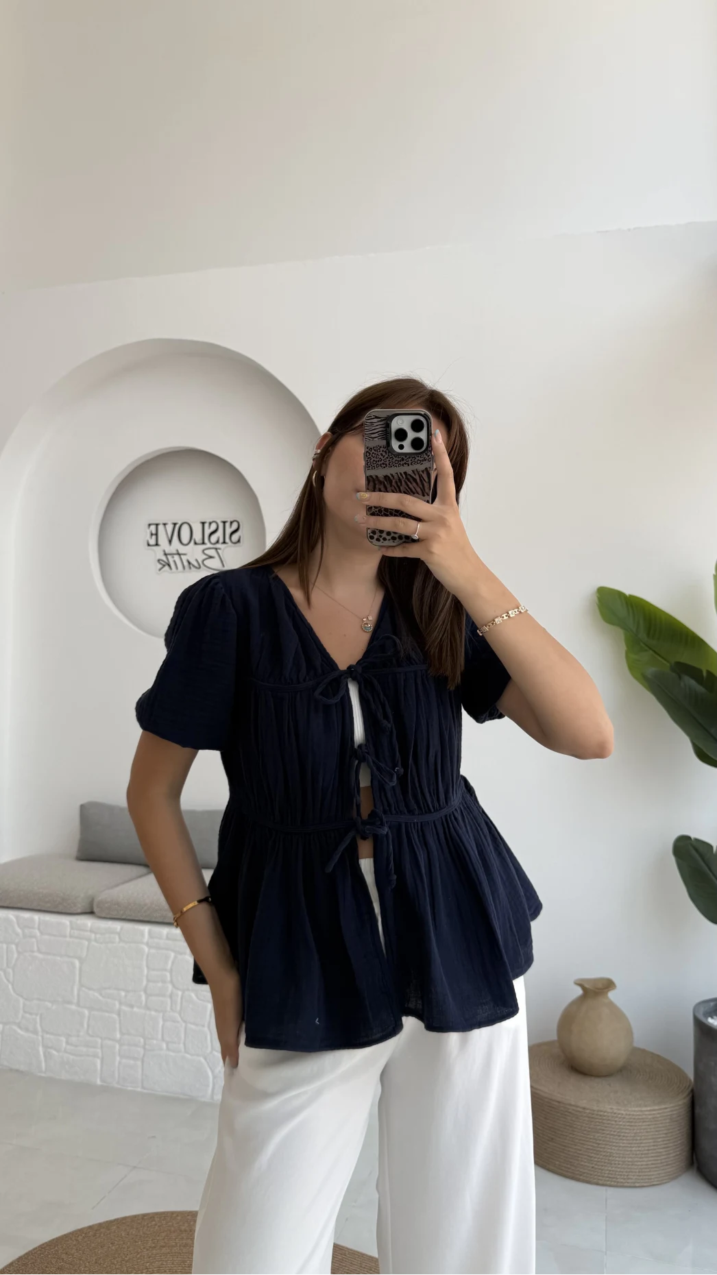 Rachel Bağlamalı Bluz Müslin Kumaş Lacivert - 1024